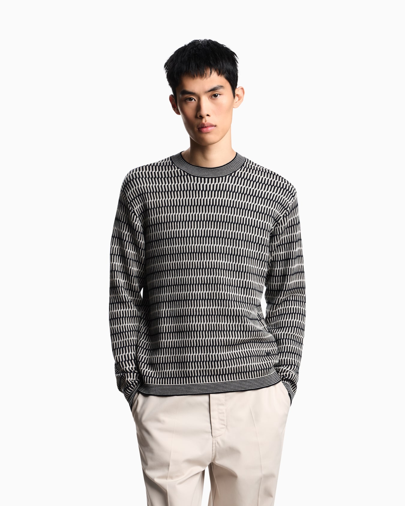 Two-tone embroidery-stitched jacquard virgin wool jumper  Slide 3