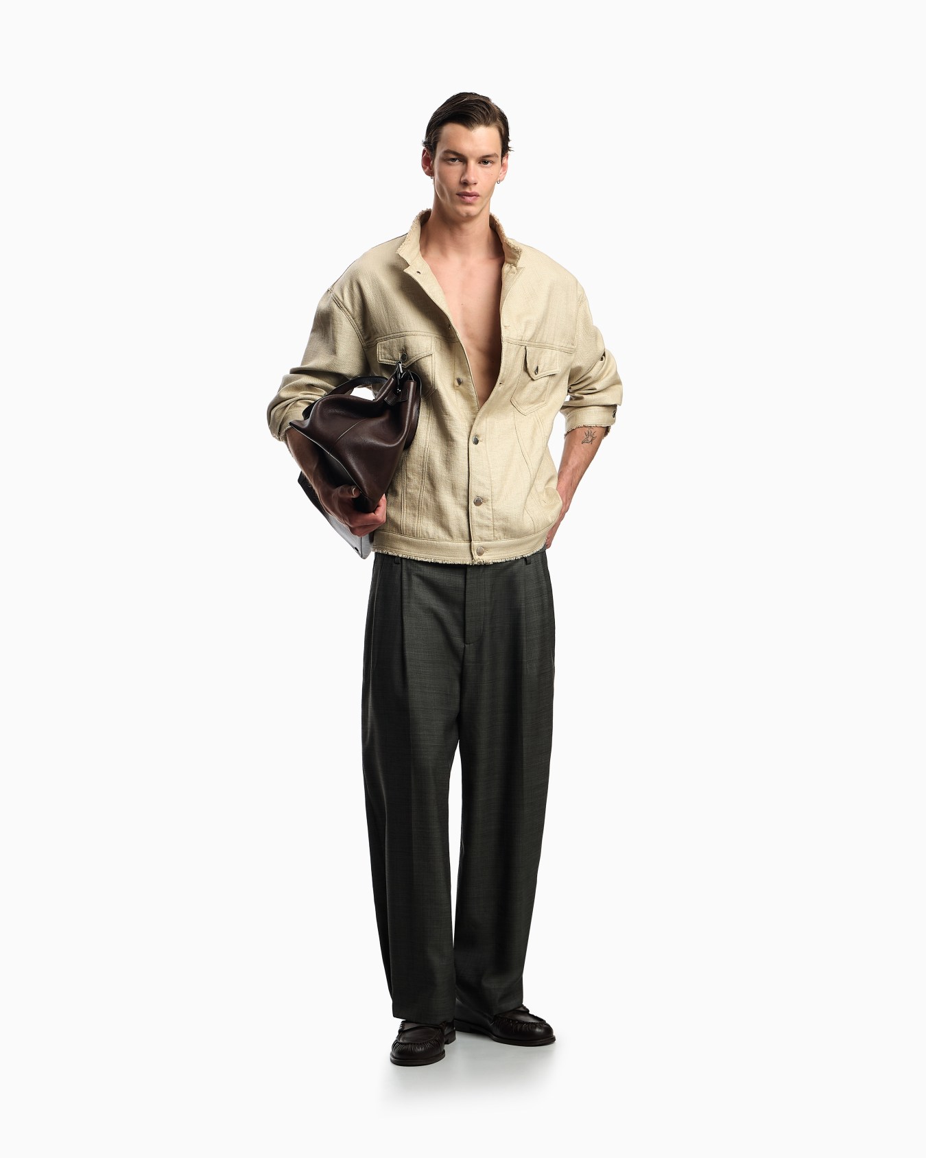 Jacket with guru collar in a coated woven fabric Slide 1