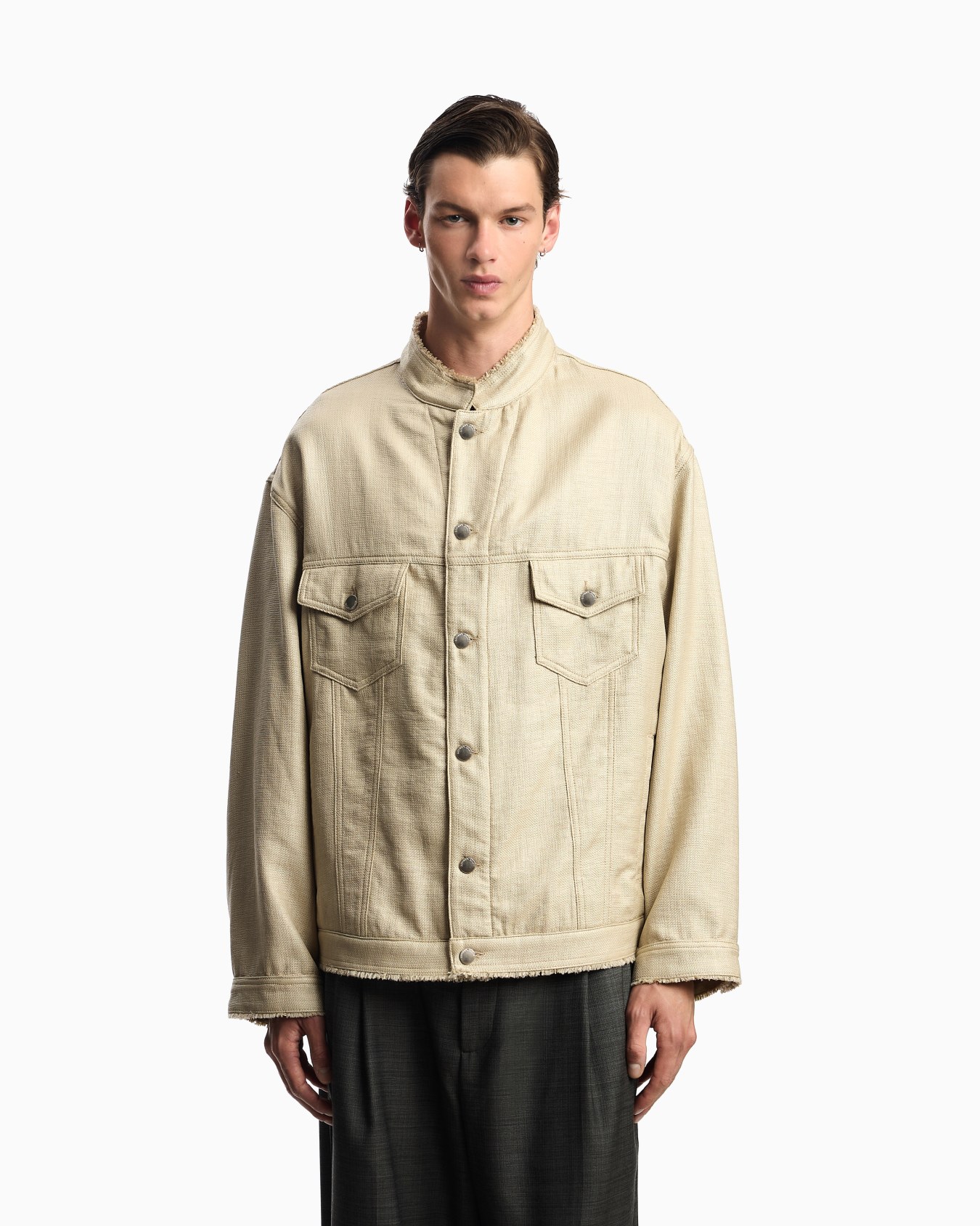 Jacket with guru collar in a coated woven fabric Slide 3