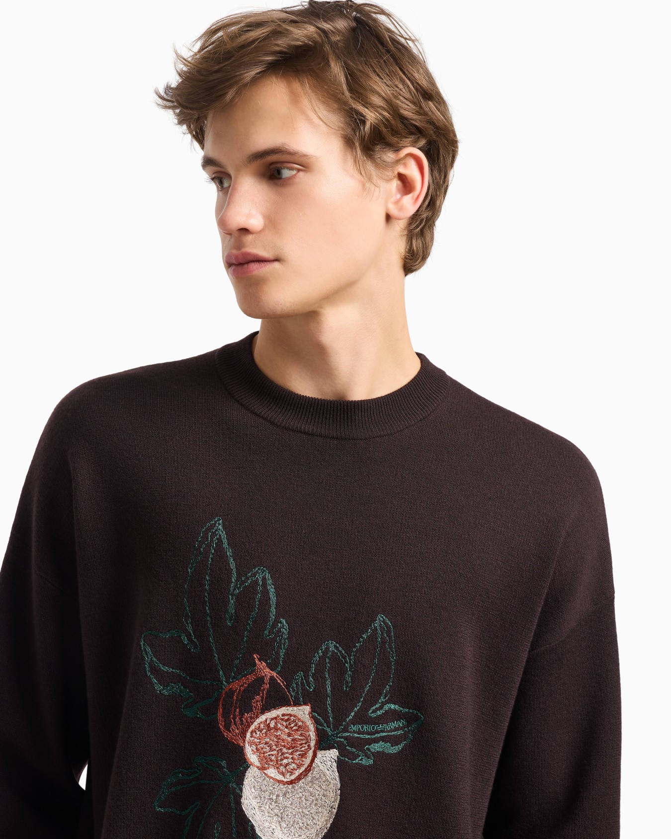 Virgin-wool plain-knit jumper with foliage embroidery Slide 5