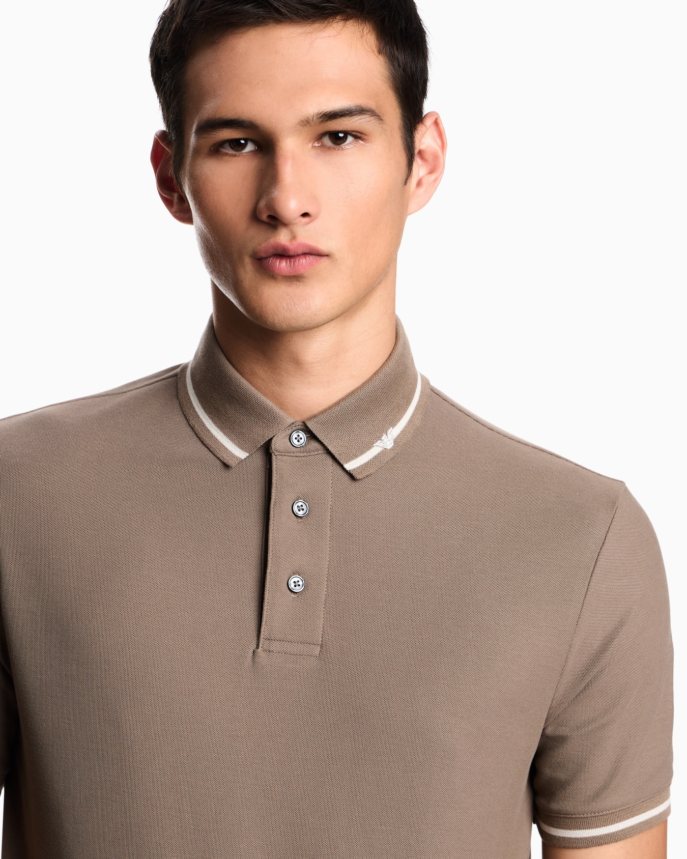 Piqué polo shirt with micro eagle embroidery and trim Slide 4