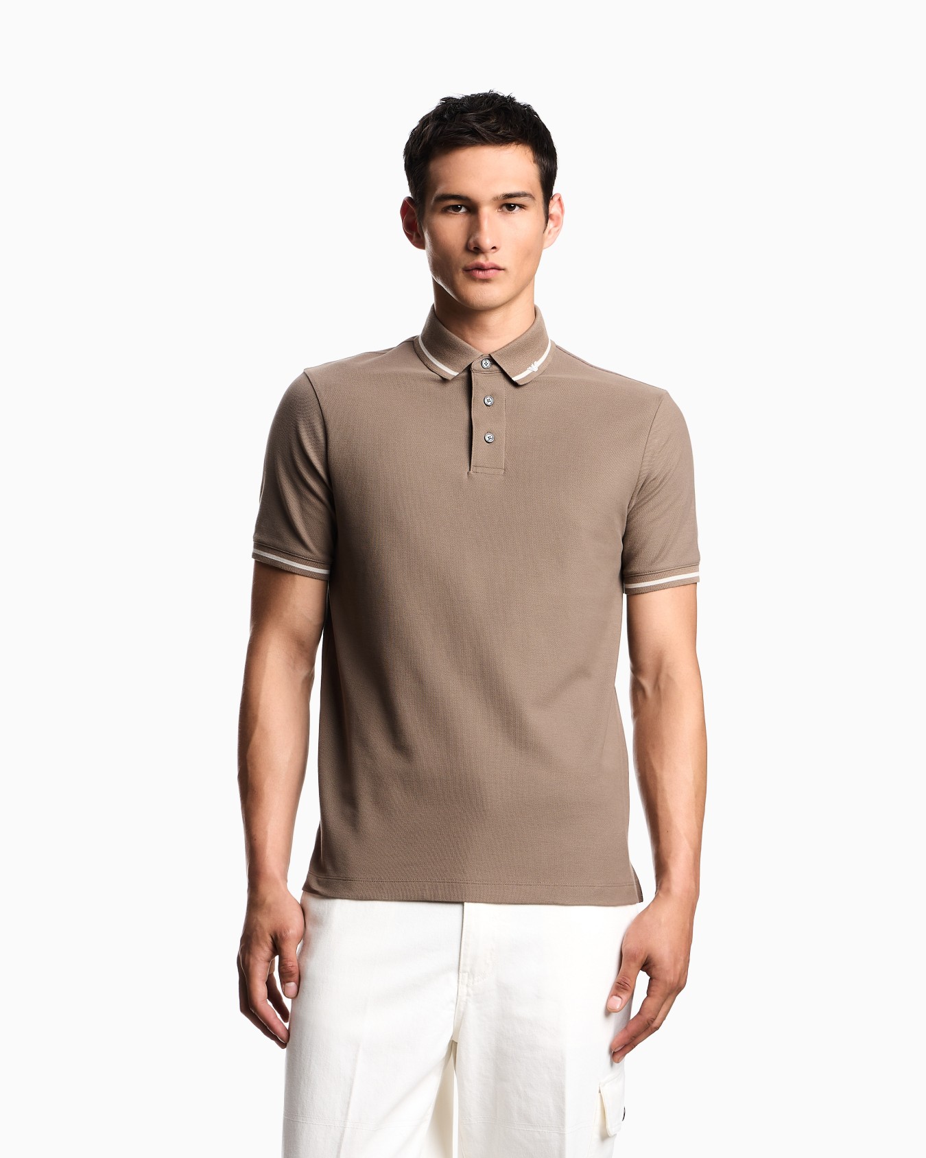 Piqué polo shirt with micro eagle embroidery and trim Slide 3
