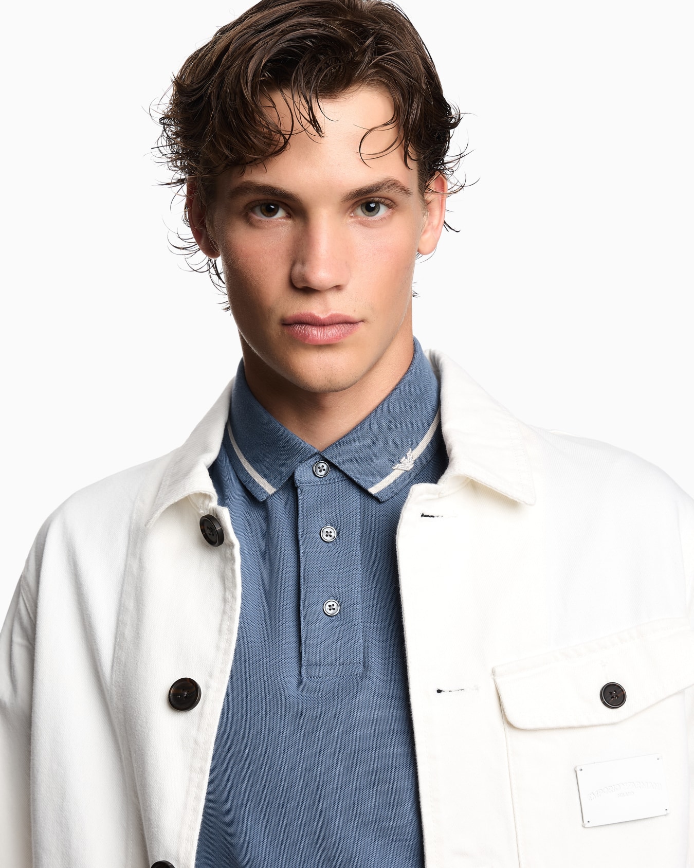 Piqué polo shirt with micro eagle embroidery and trim Slide 4