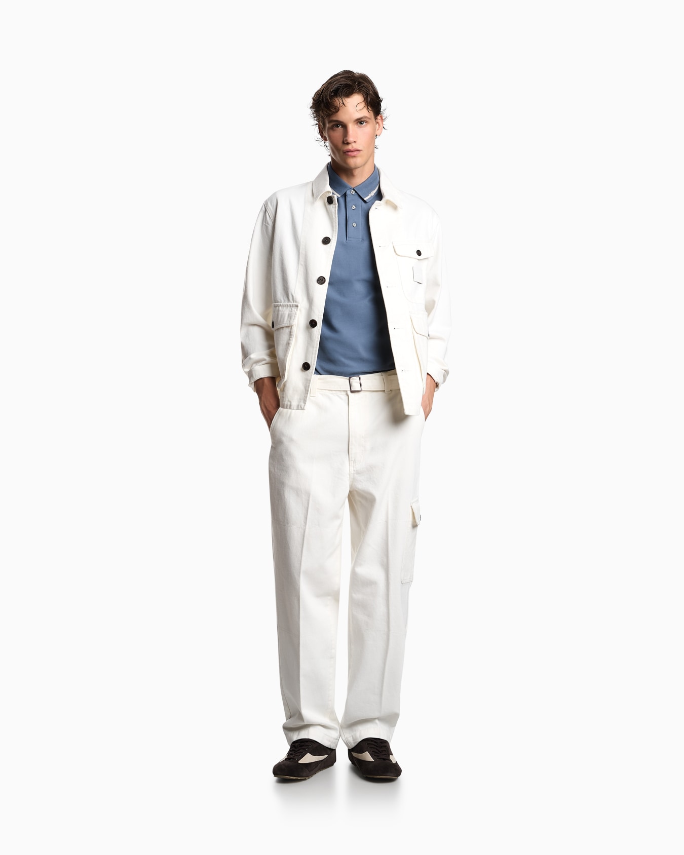 Piqué polo shirt with micro eagle embroidery and trim Slide 1