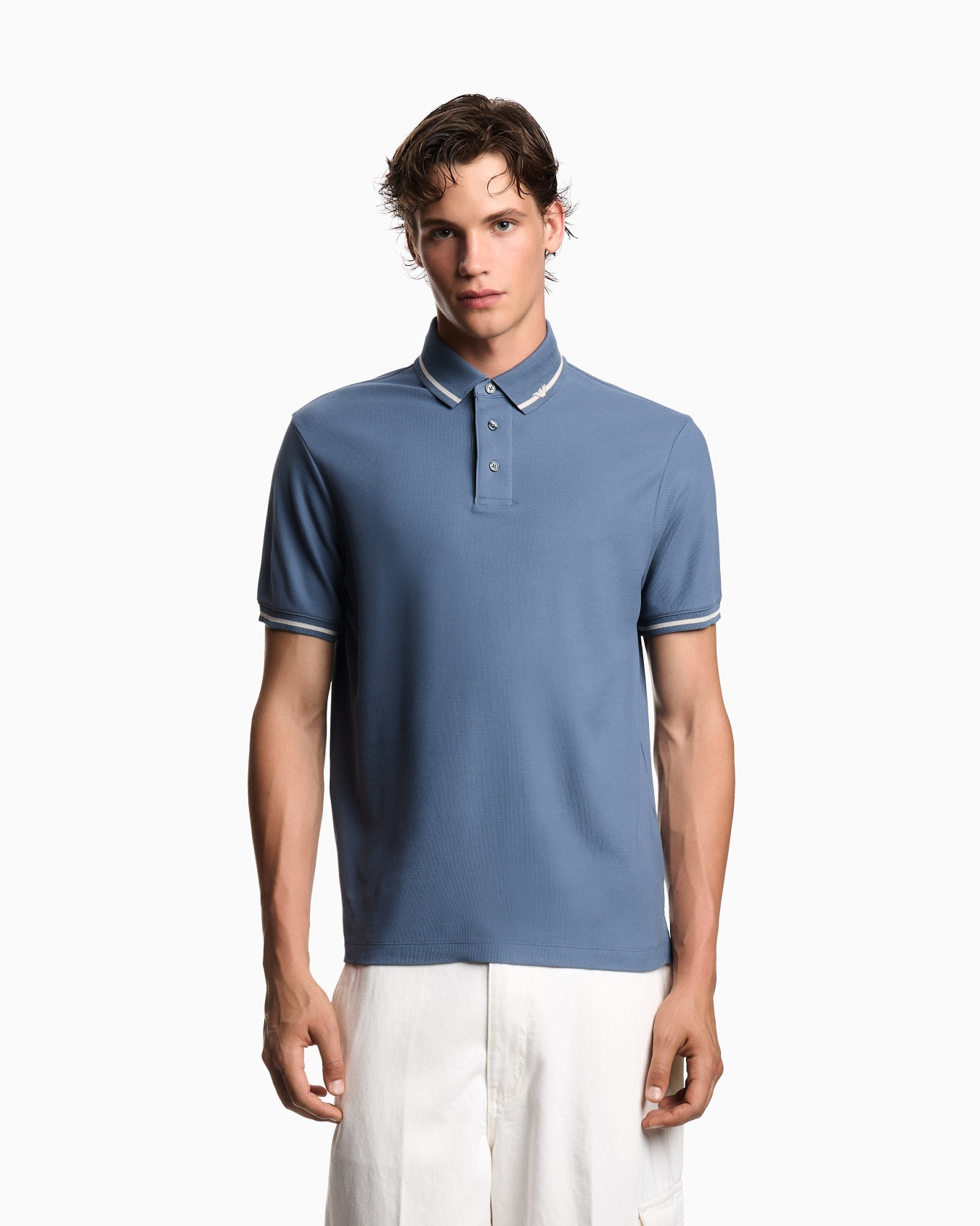 Piqué polo shirt with micro eagle embroidery and trim Slide 3
