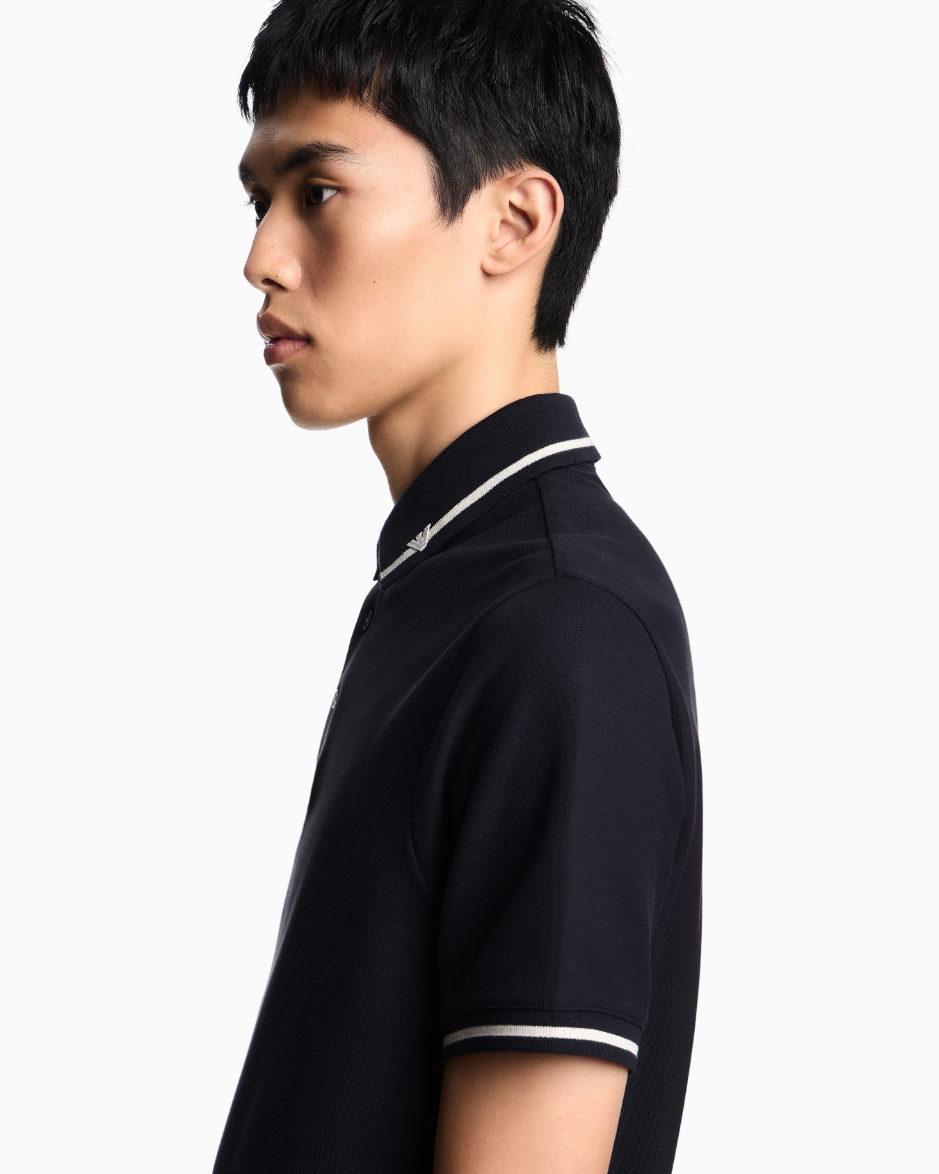 Piqué polo shirt with micro eagle embroidery and trim Slide 4