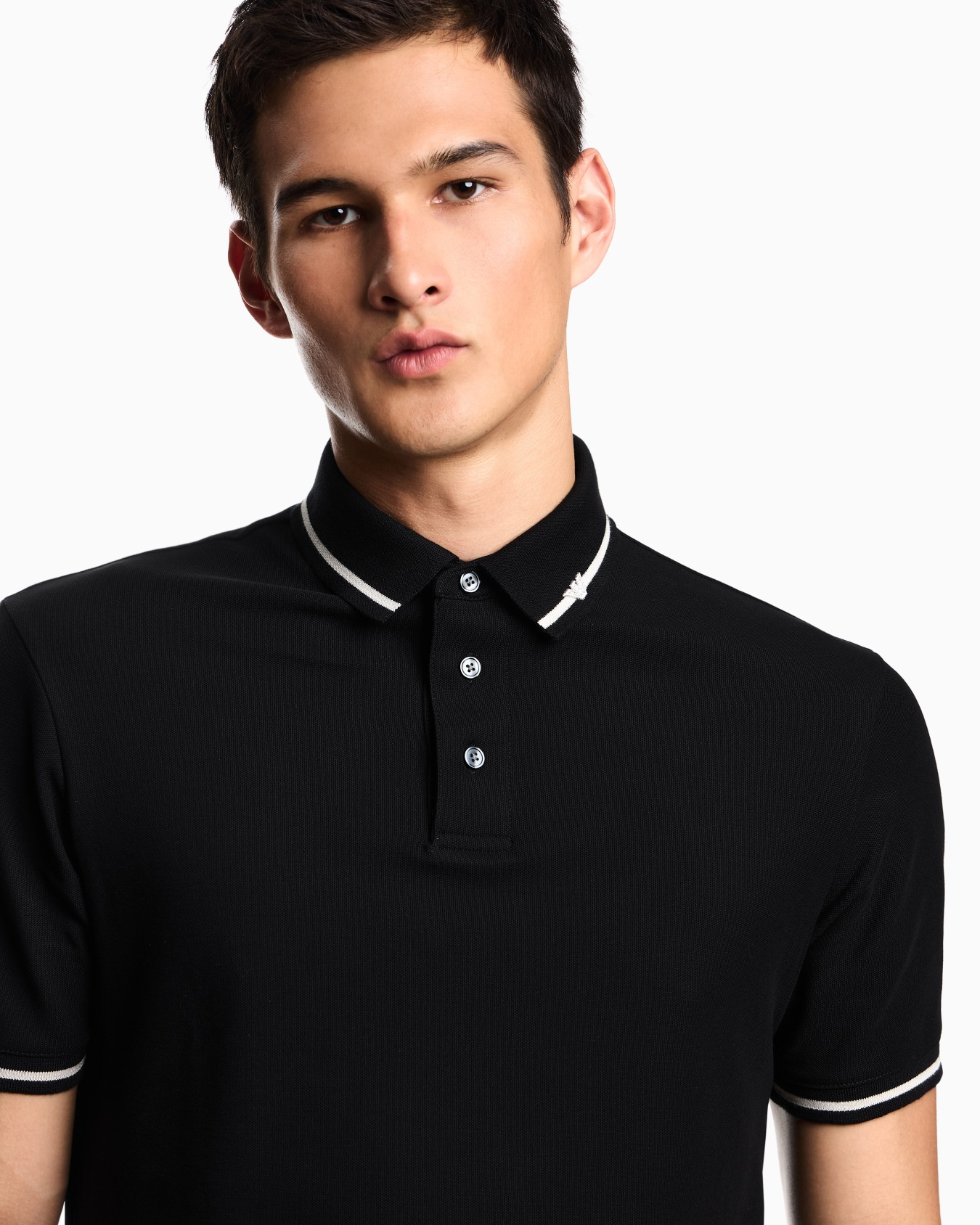 Piqué polo shirt with micro eagle embroidery and trim Slide 4