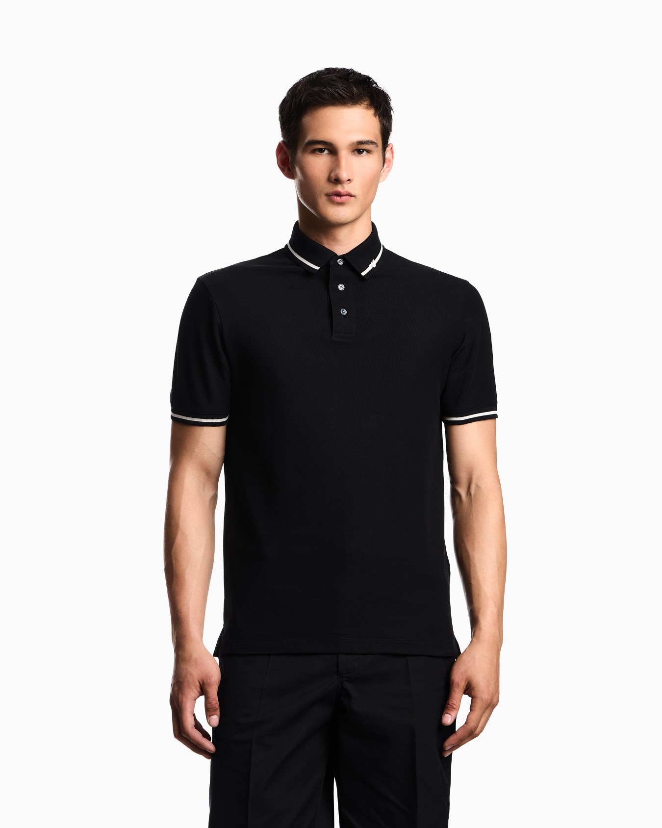 Piqué polo shirt with micro eagle embroidery and trim Slide 3