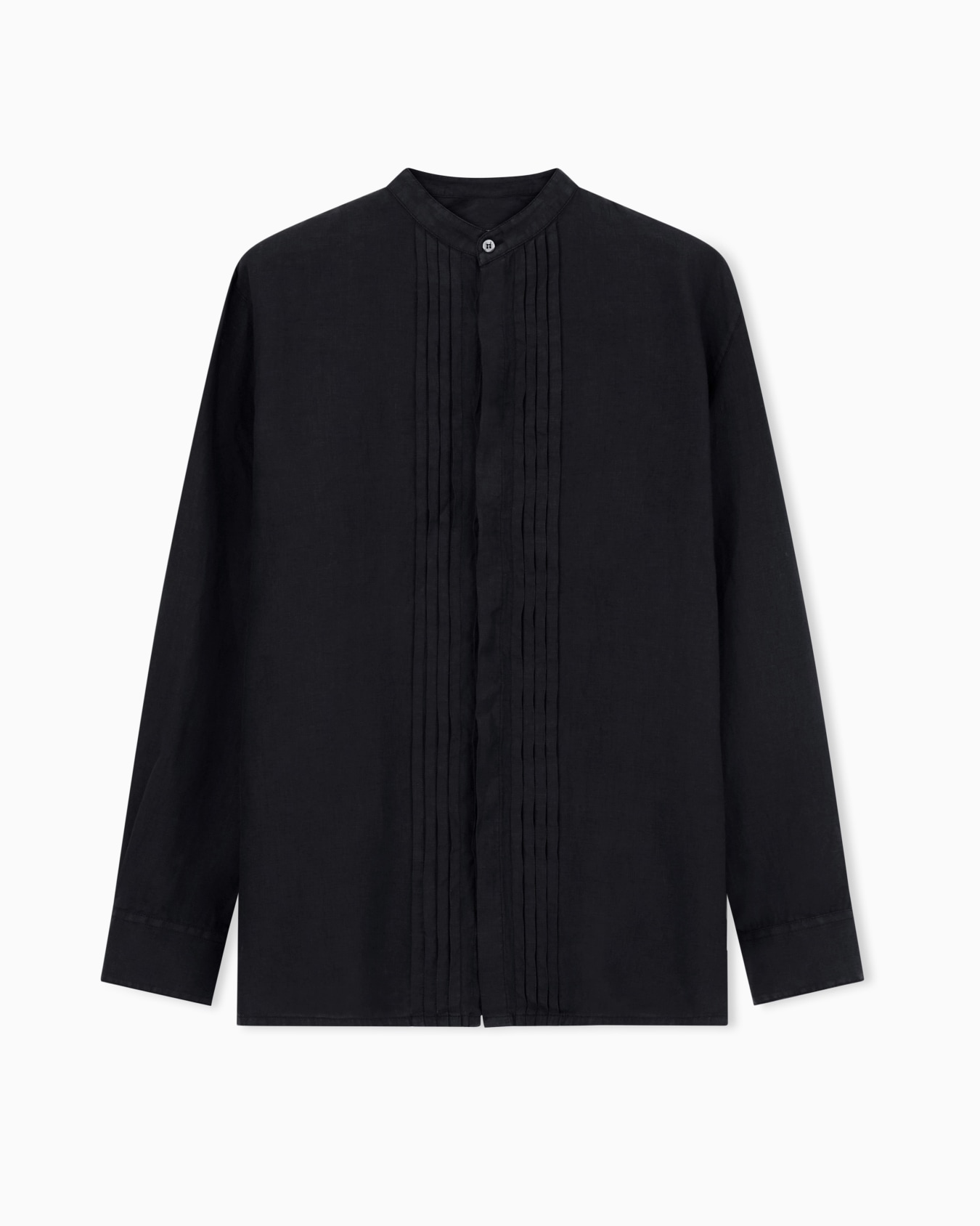 Garment-dyed linen shirt with guru collar and pleated detail Slide 0