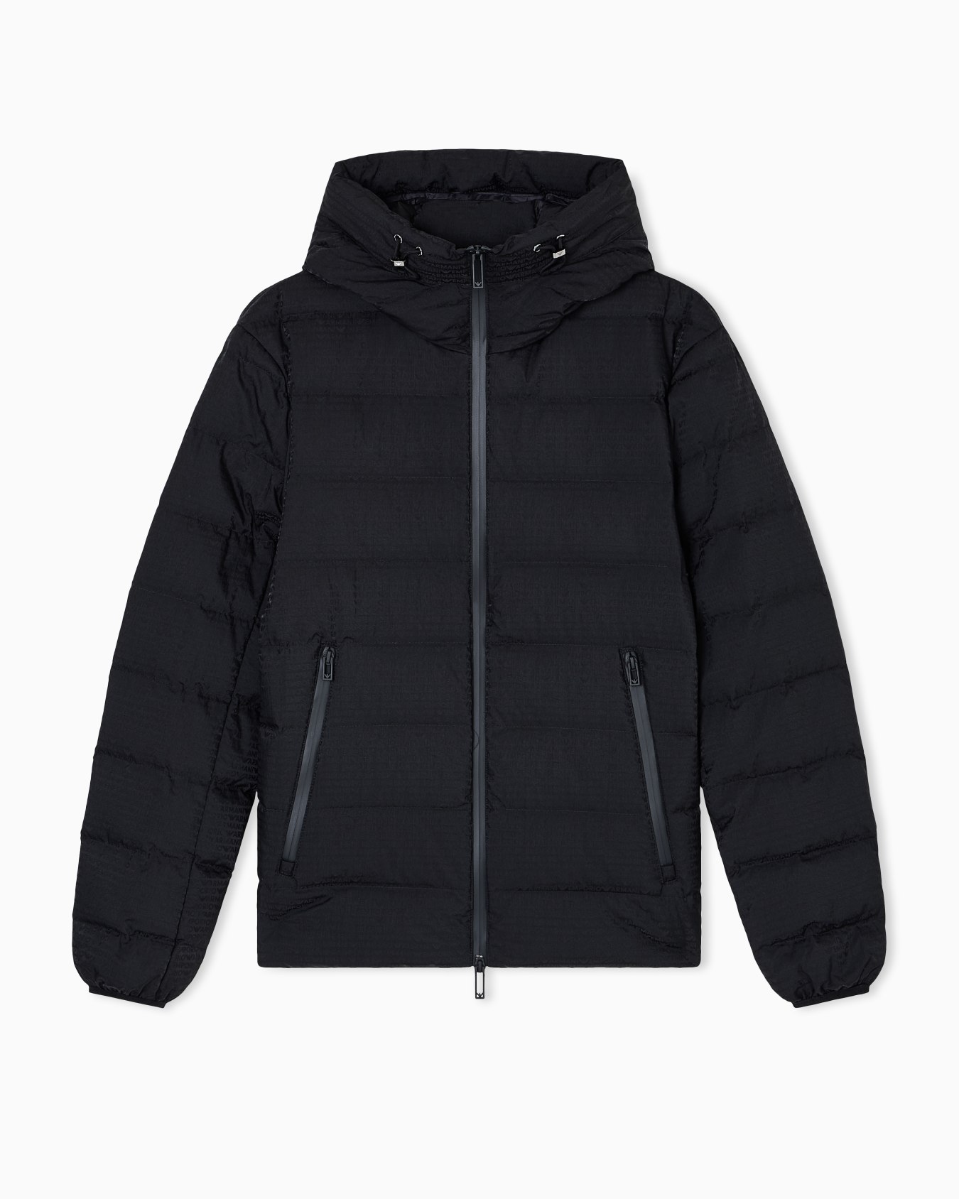 Chaqueta de plumas con capucha en nailon acolchado con inscripción del logotipo en tejido jacquard Diapositiva 0