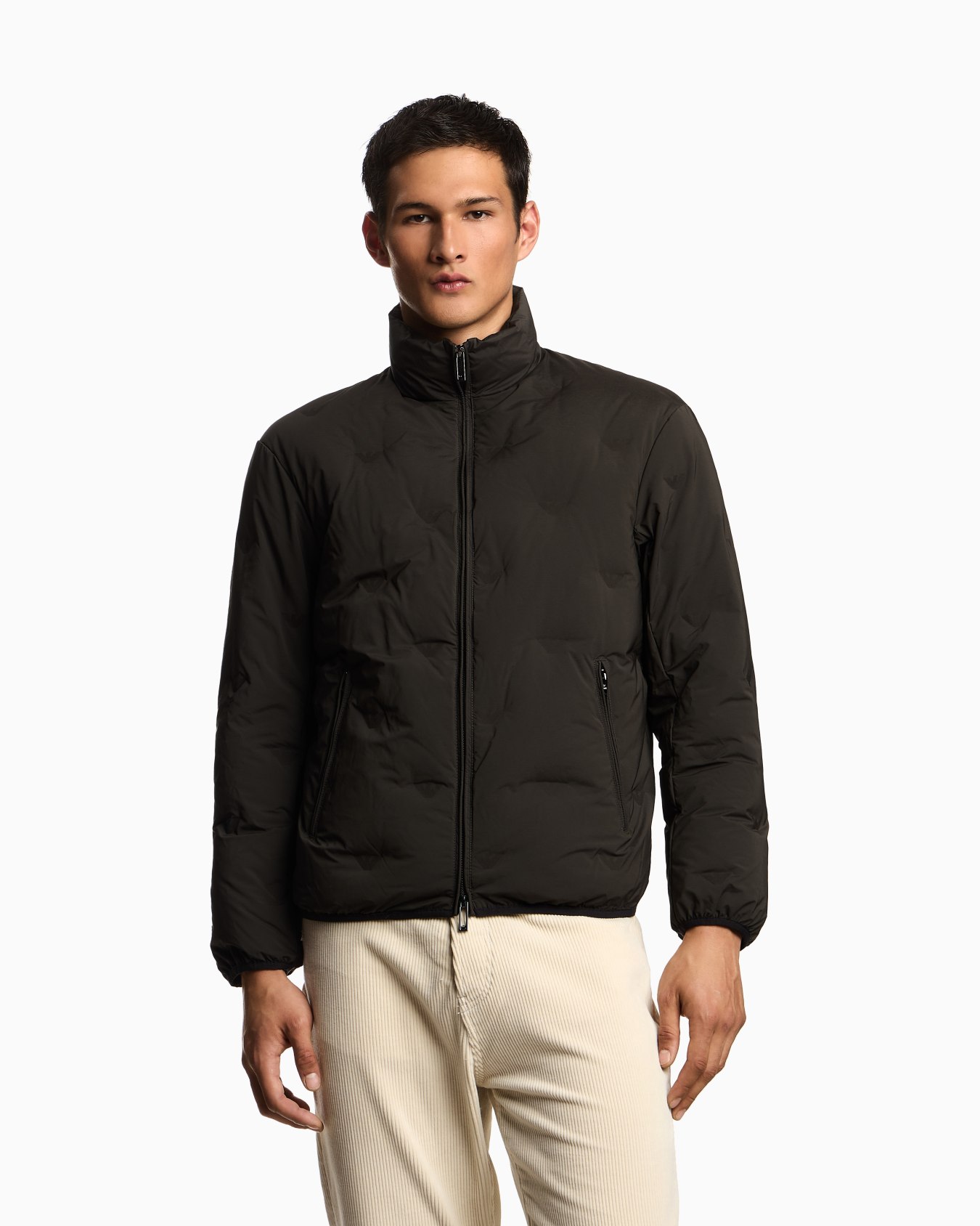 Chaqueta de plumas de nailon con cremallera completa y motivo integral de microáguilas en intarsia Diapositiva 3