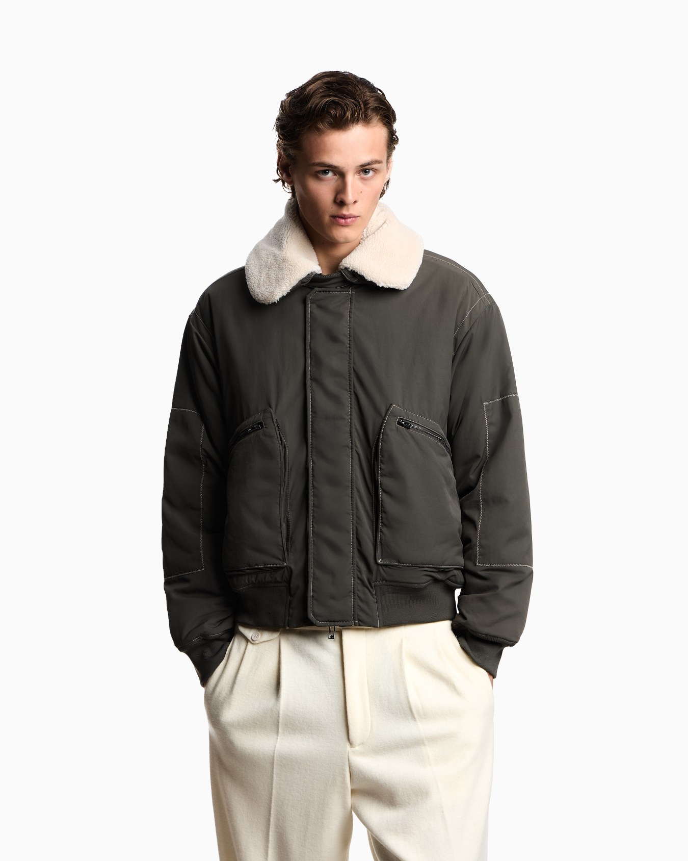 EMPORIO ARMANI ボンバージャケット オンライン限定>ボンバージャケット ナイロンツイル シアリング