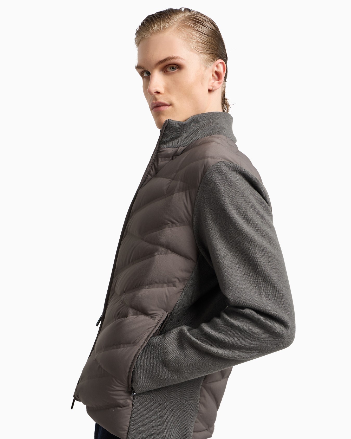 Travel Essentials two-piece effect full-zip down jacket with knit sleeves Slide 4