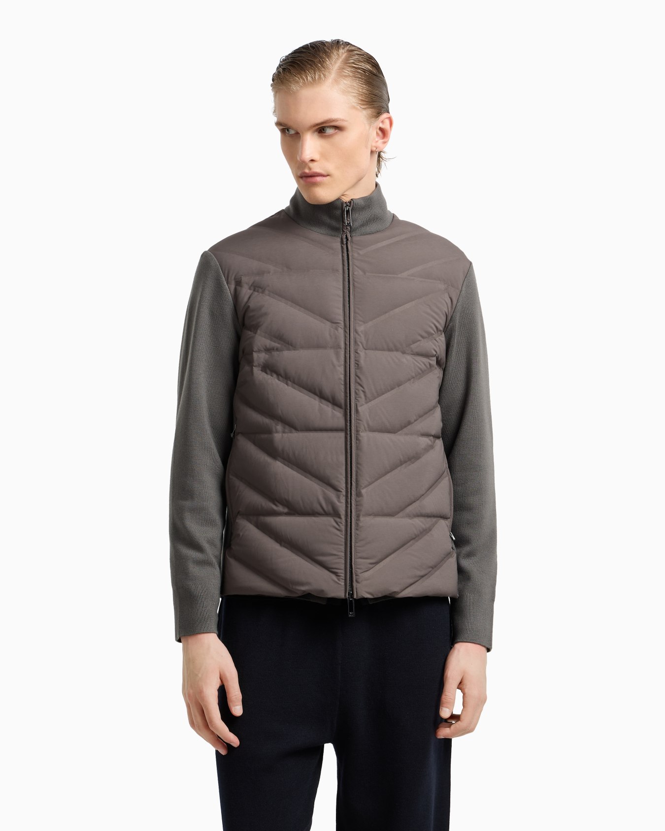 Travel Essentials two-piece effect full-zip down jacket with knit sleeves Slide 3