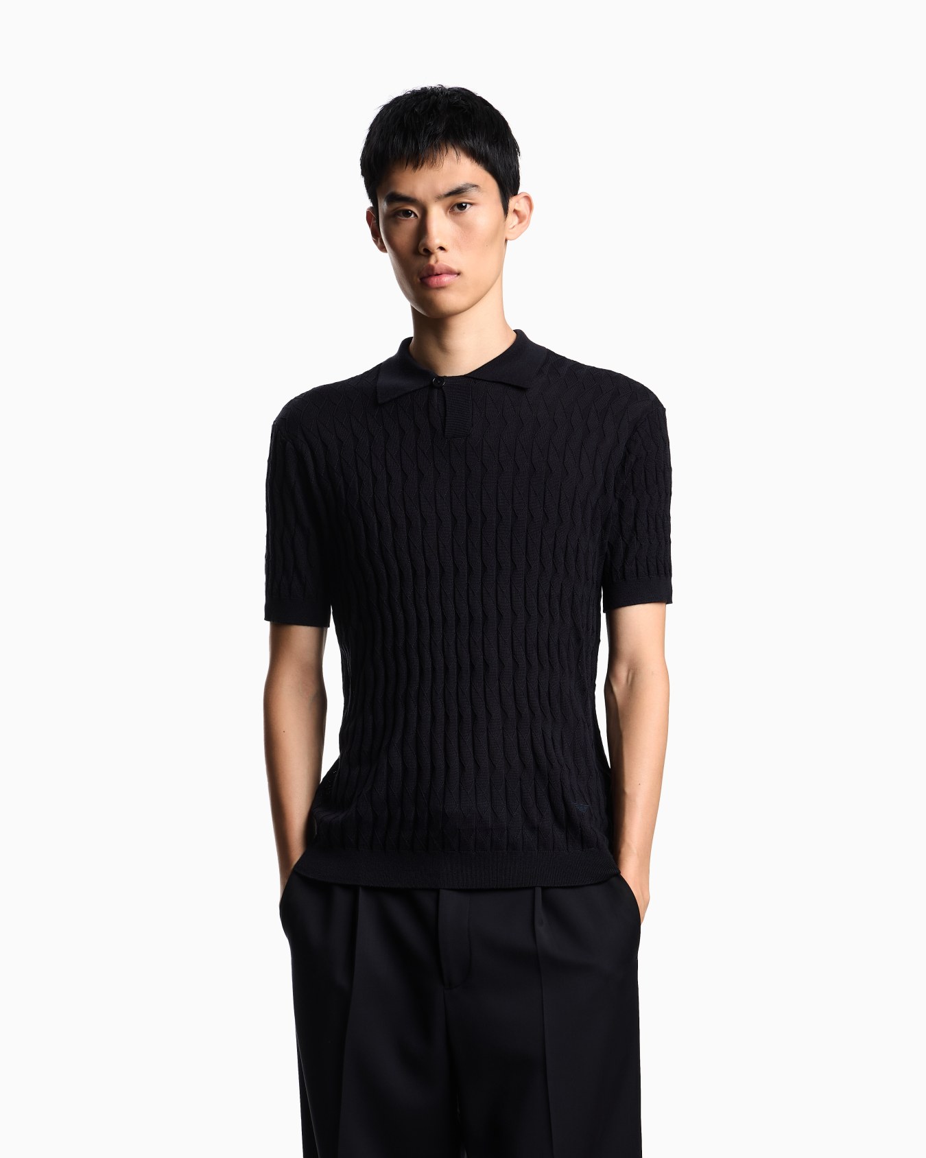 ASV Lyocell-blend jumper with polo-shirt collar in an embossed, patterned stitch Slide 3