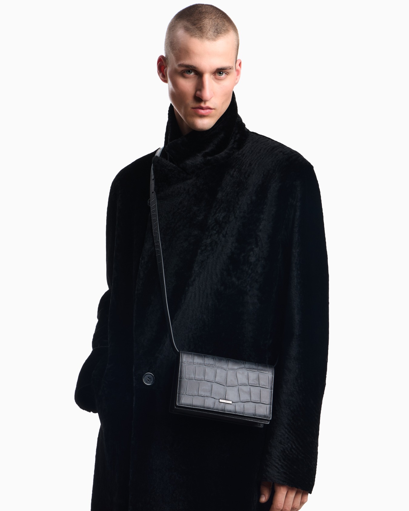 Crocodile-embossed leather tech case with shoulder strap Slide 5
