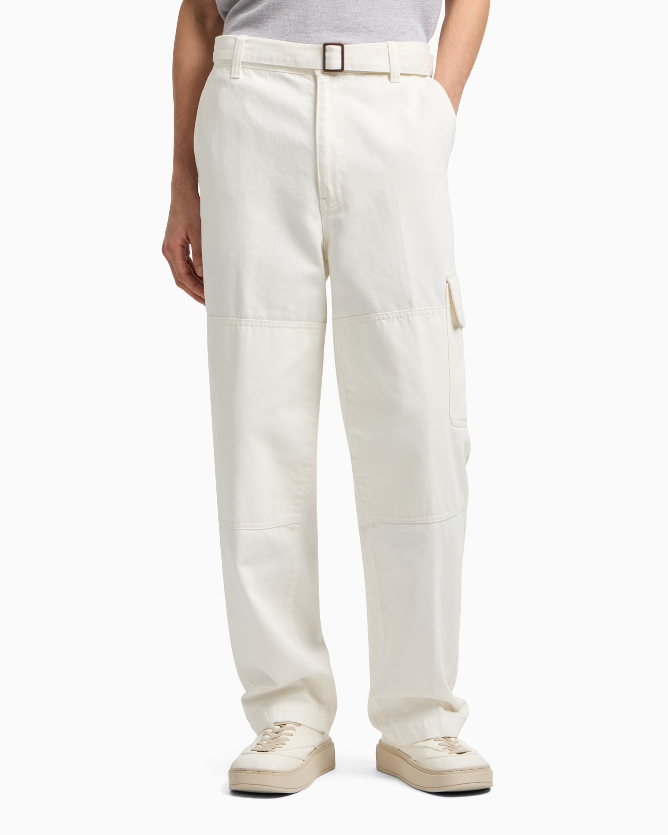 Denim-effect twill cargo trousers with belt Slide 4