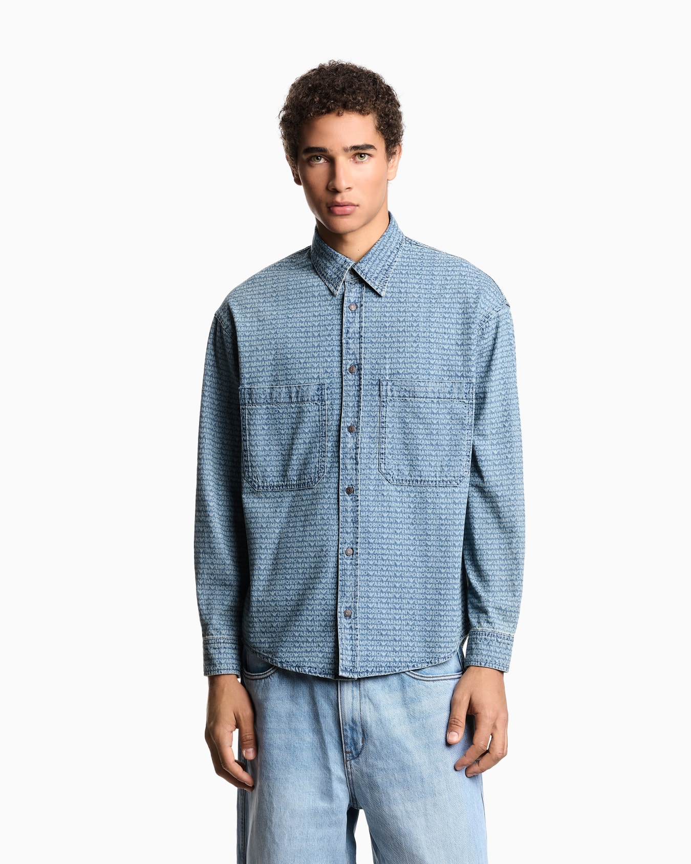 Comfort-fit denim shirt with all-over logo lettering print Slide 3