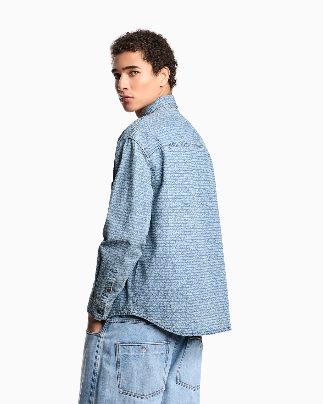 Comfort-fit denim shirt with all-over logo lettering print Slide 2