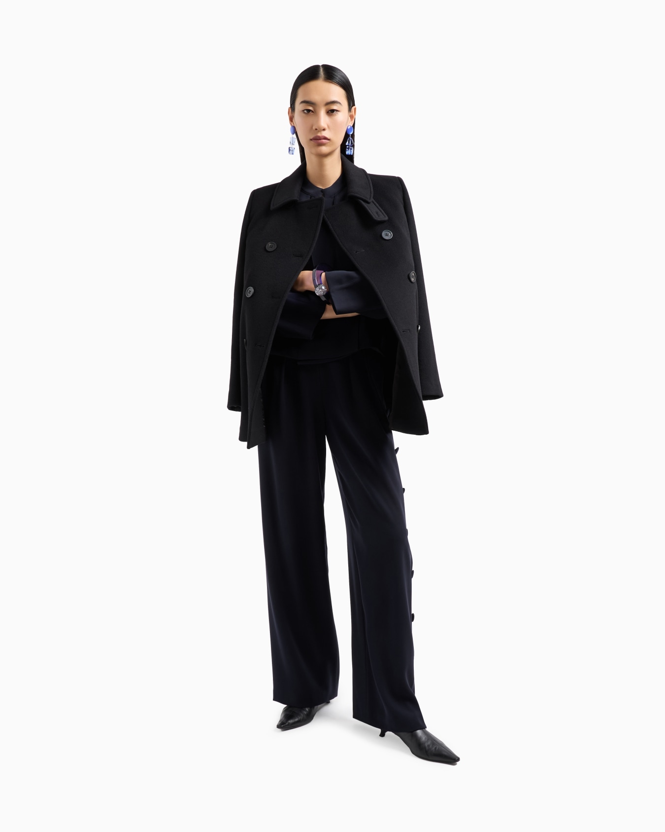 Double-breasted jacket in technical cady with a guru collar Slide 1