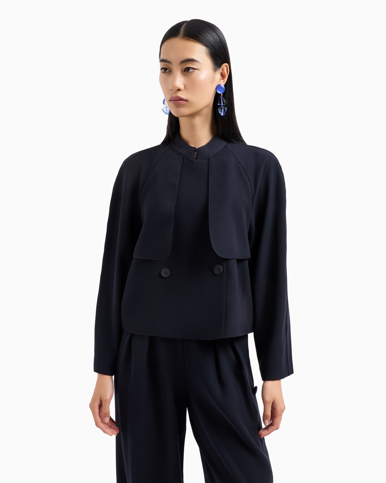 Double-breasted jacket in technical cady with a guru collar Slide 3