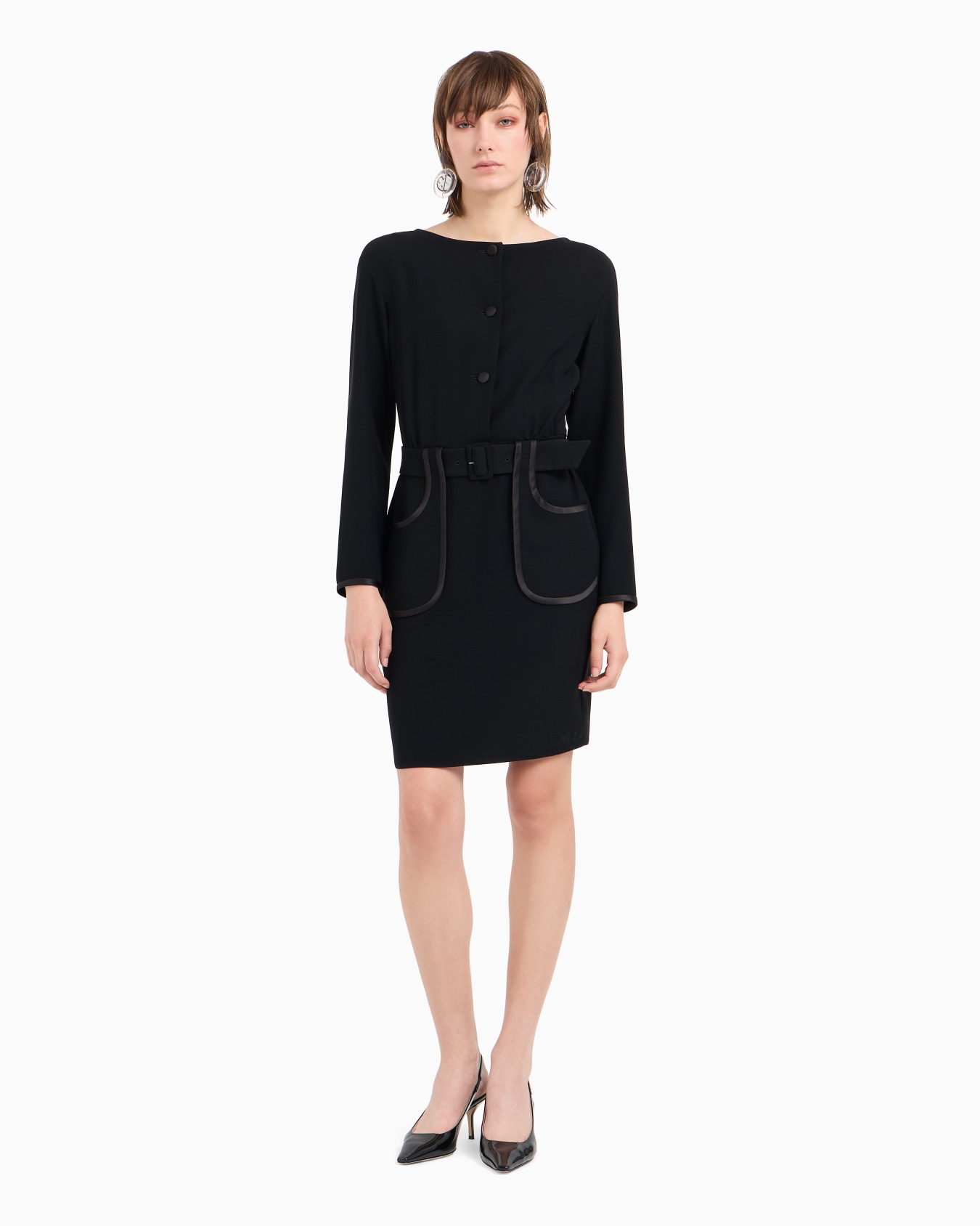 Tech cady dress with boat neckline and belt Slide 1