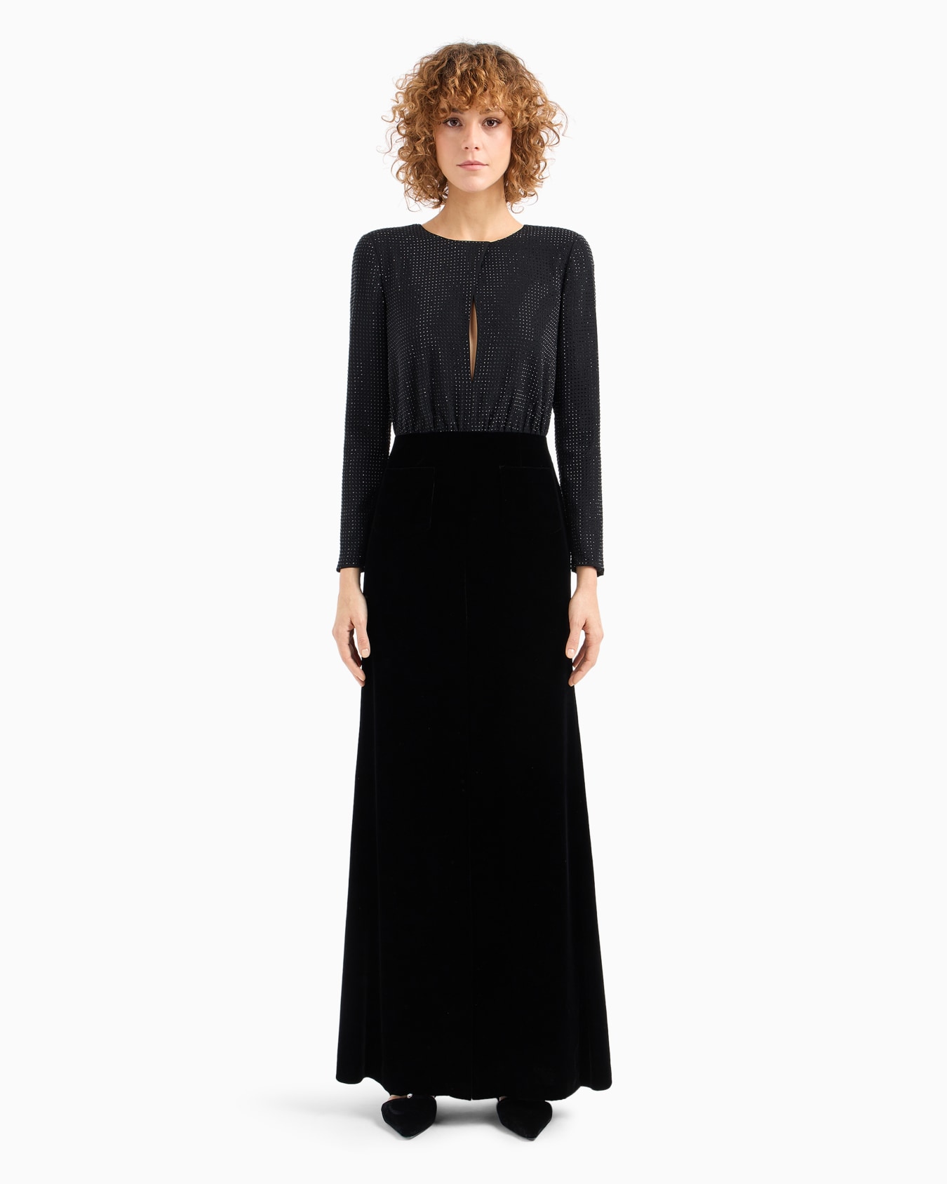 Long dress in cady with rhinestones and velvet Slide 1