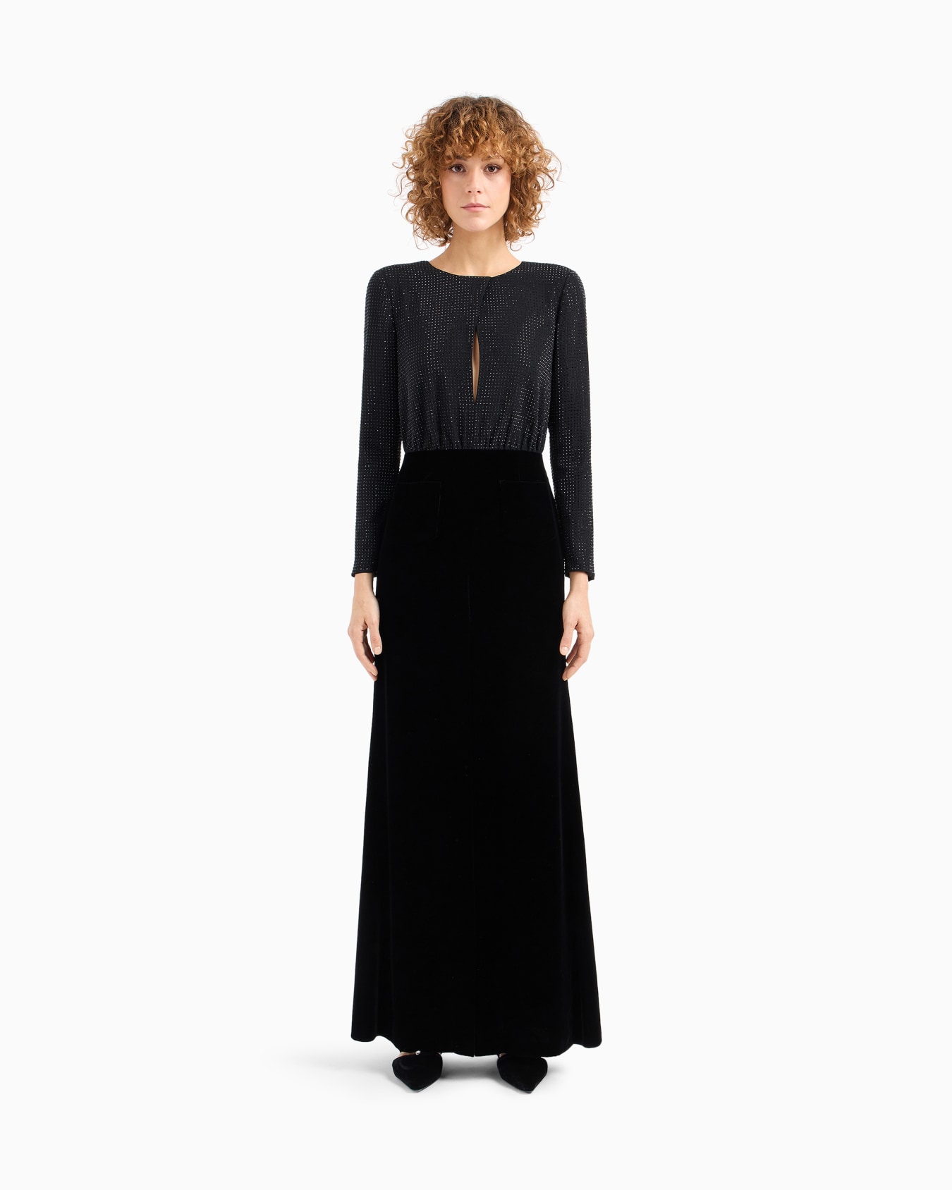 Long dress in cady with rhinestones and velvet Slide 4