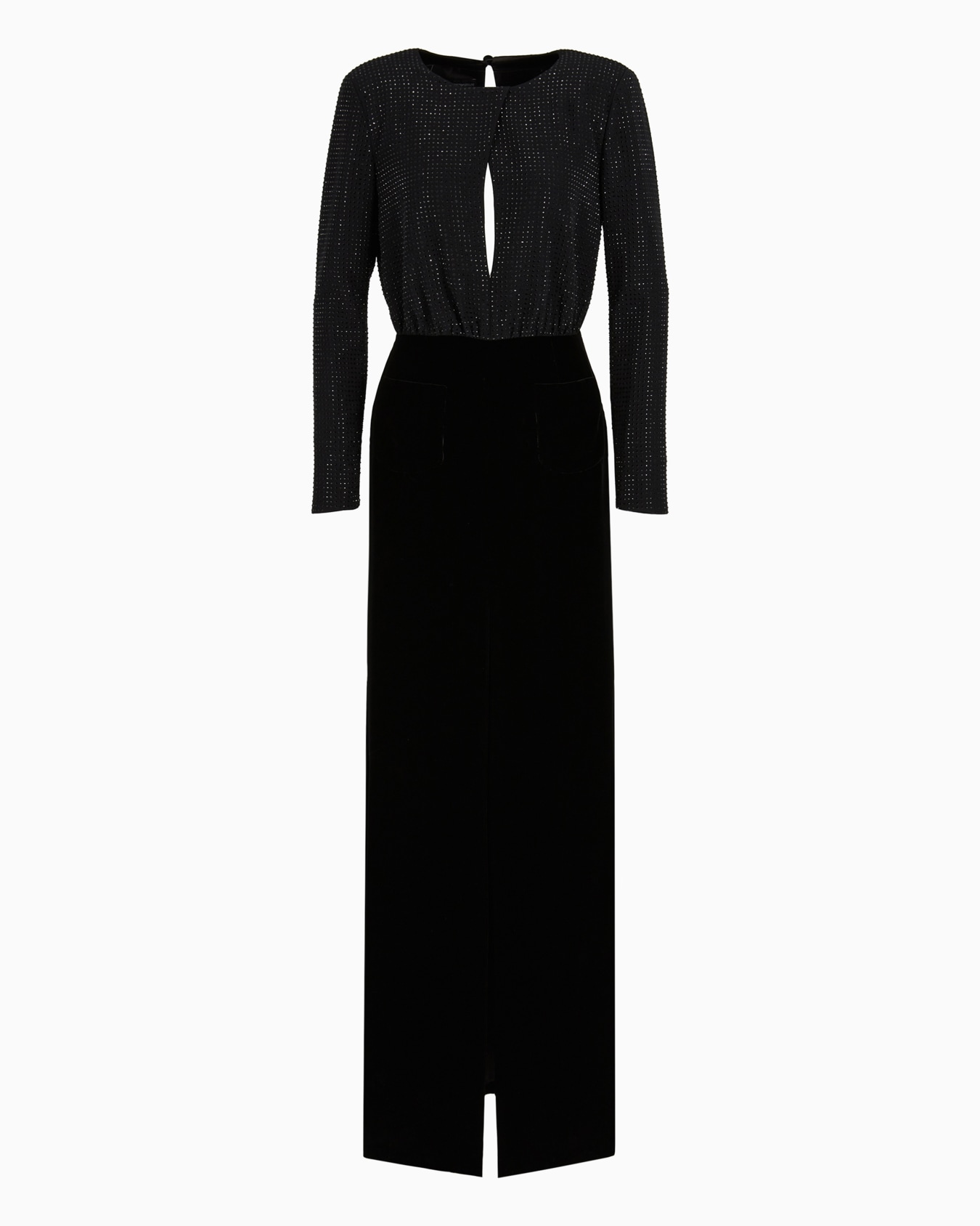 Long dress in cady with rhinestones and velvet Slide 0