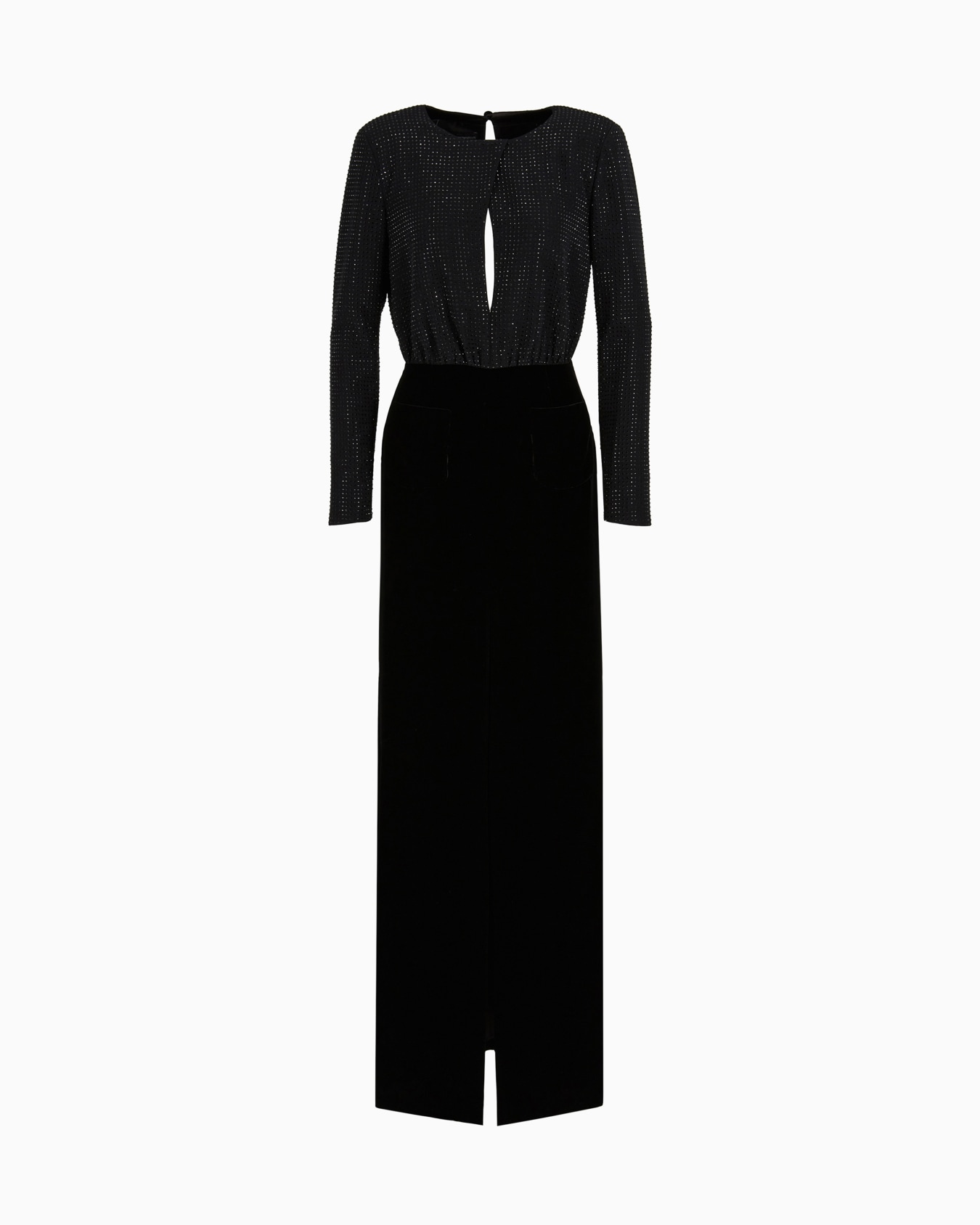 Long dress in cady with rhinestones and velvet Slide 0