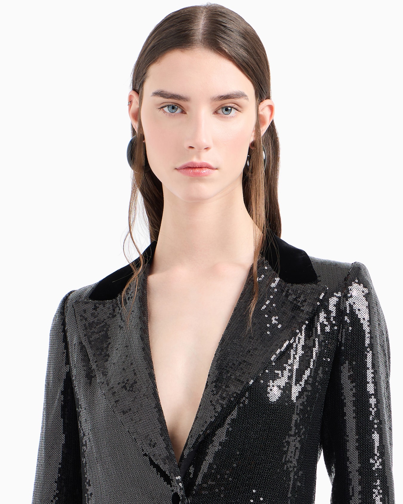Lange Jacke mit Allover-Pailletten und Samt-Details Folie 5