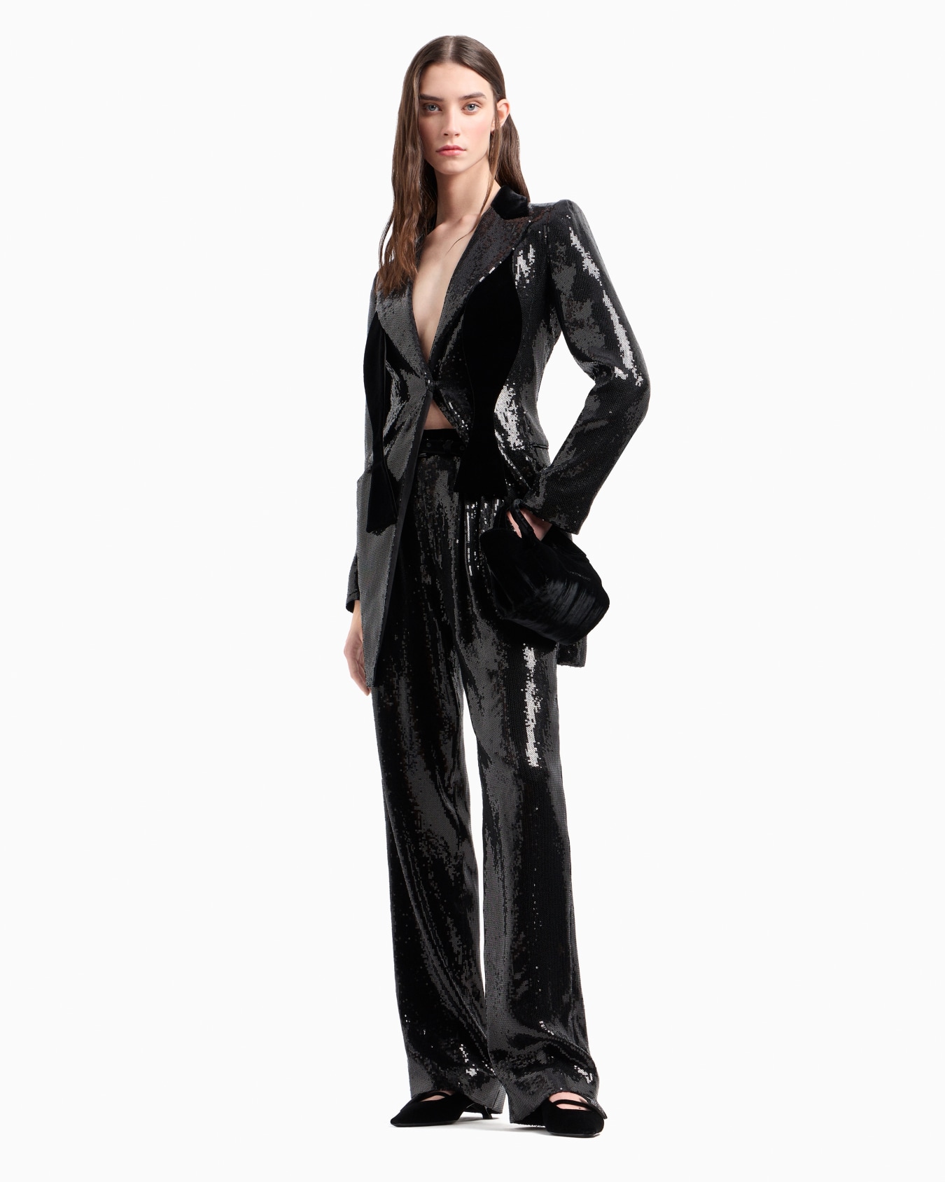 Lange Jacke mit Allover-Pailletten und Samt-Details Folie 4