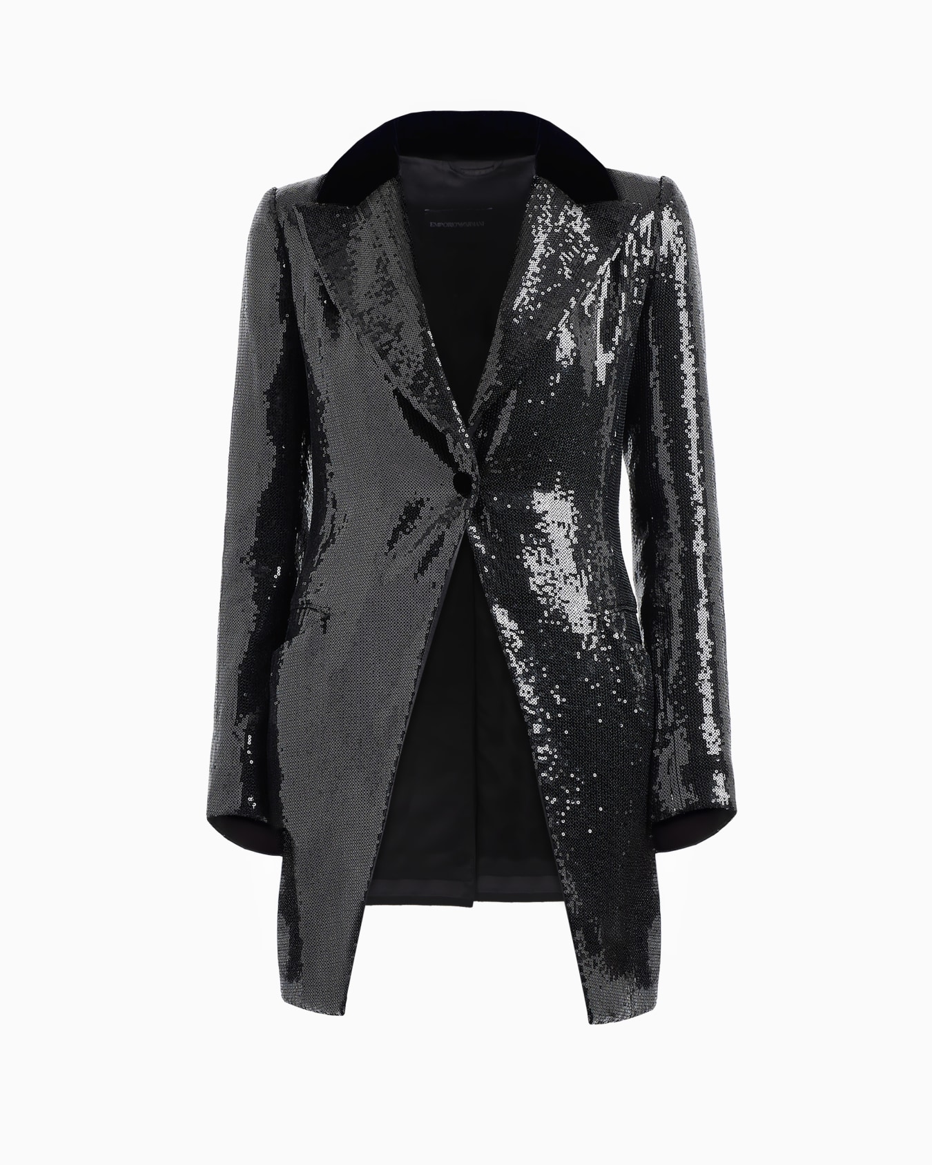 Lange Jacke mit Allover-Pailletten und Samt-Details Folie 0