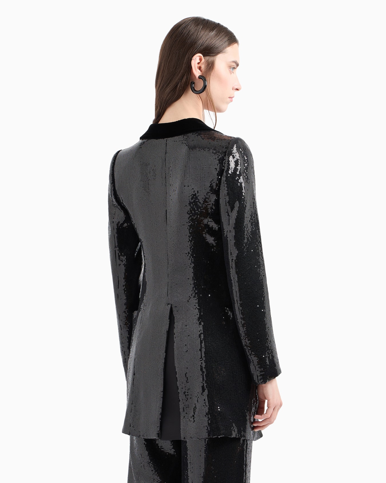 Lange Jacke mit Allover-Pailletten und Samt-Details Folie 3