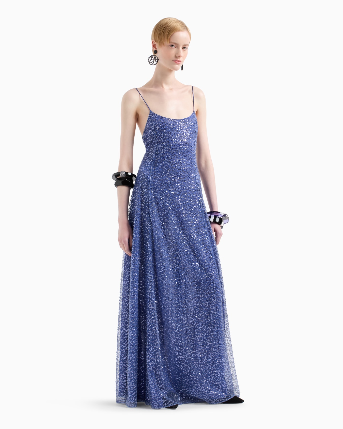 Long tulle dress with all-over micro-sequin and jet embroidery Slide 1