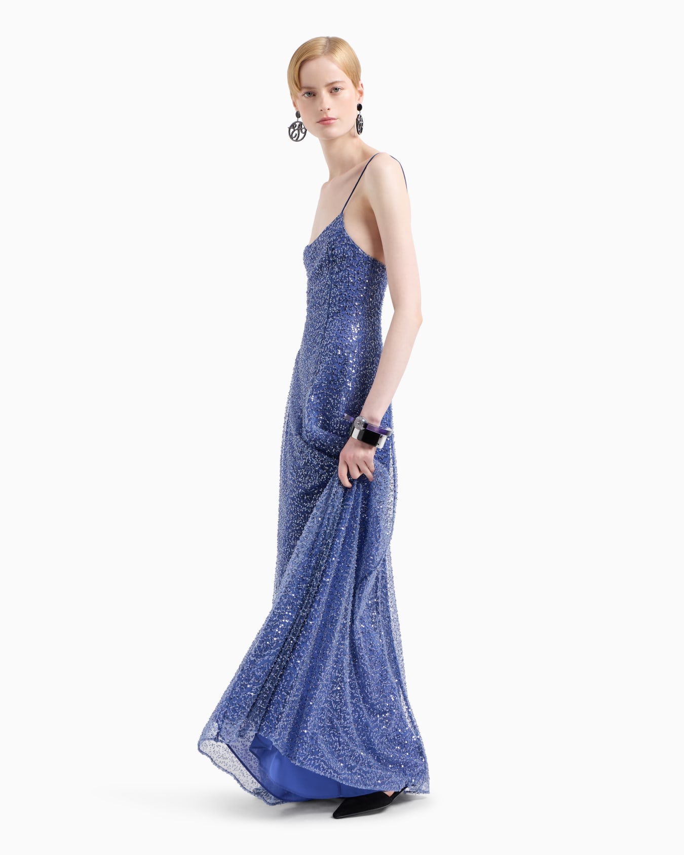 Long tulle dress with all-over micro-sequin and jet embroidery Slide 3