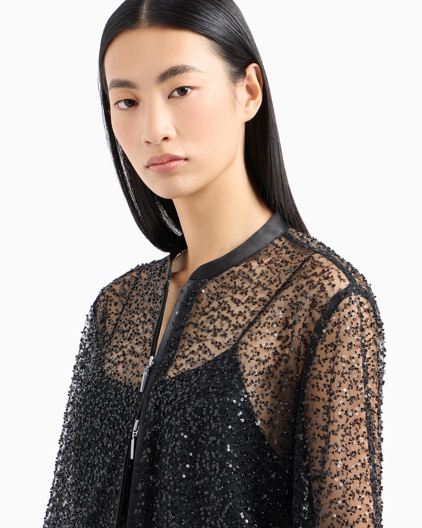Zipped bolero in tulle with all-over micro-sequin and jet embroidery Slide 4