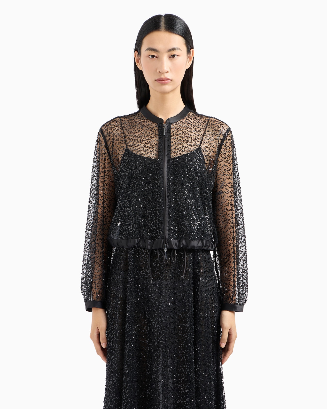Zipped bolero in tulle with all-over micro-sequin and jet embroidery Slide 1