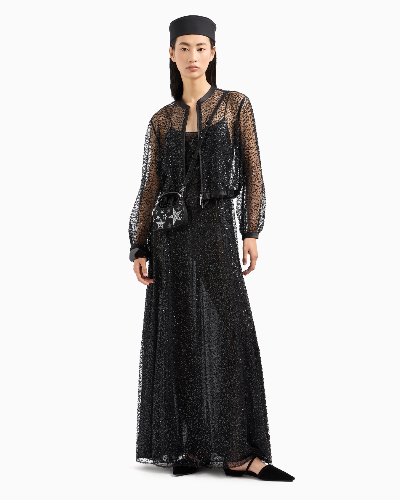 Zipped bolero in tulle with all-over micro-sequin and jet embroidery Slide 3