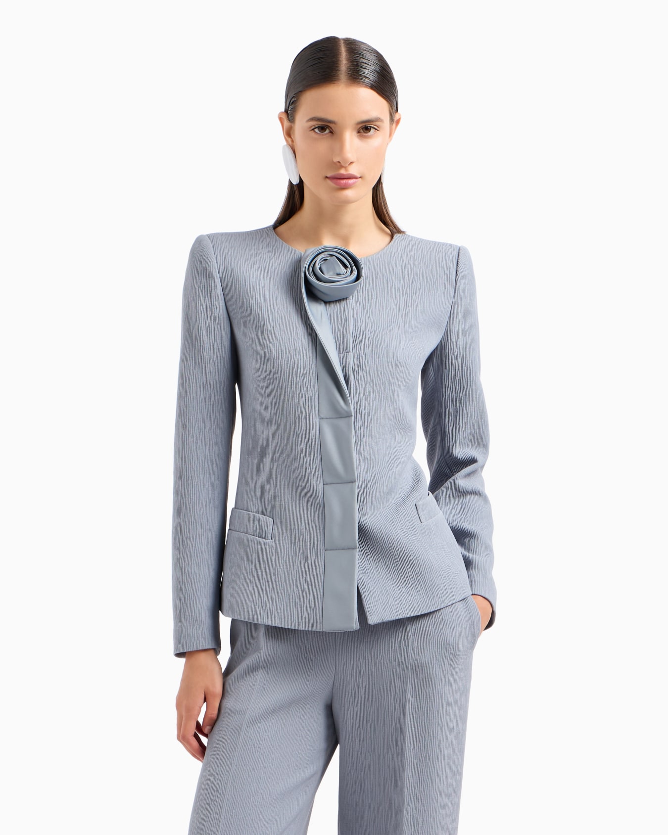 Stretch technical fabric jacket with ribs and satin rose detail Slide 1