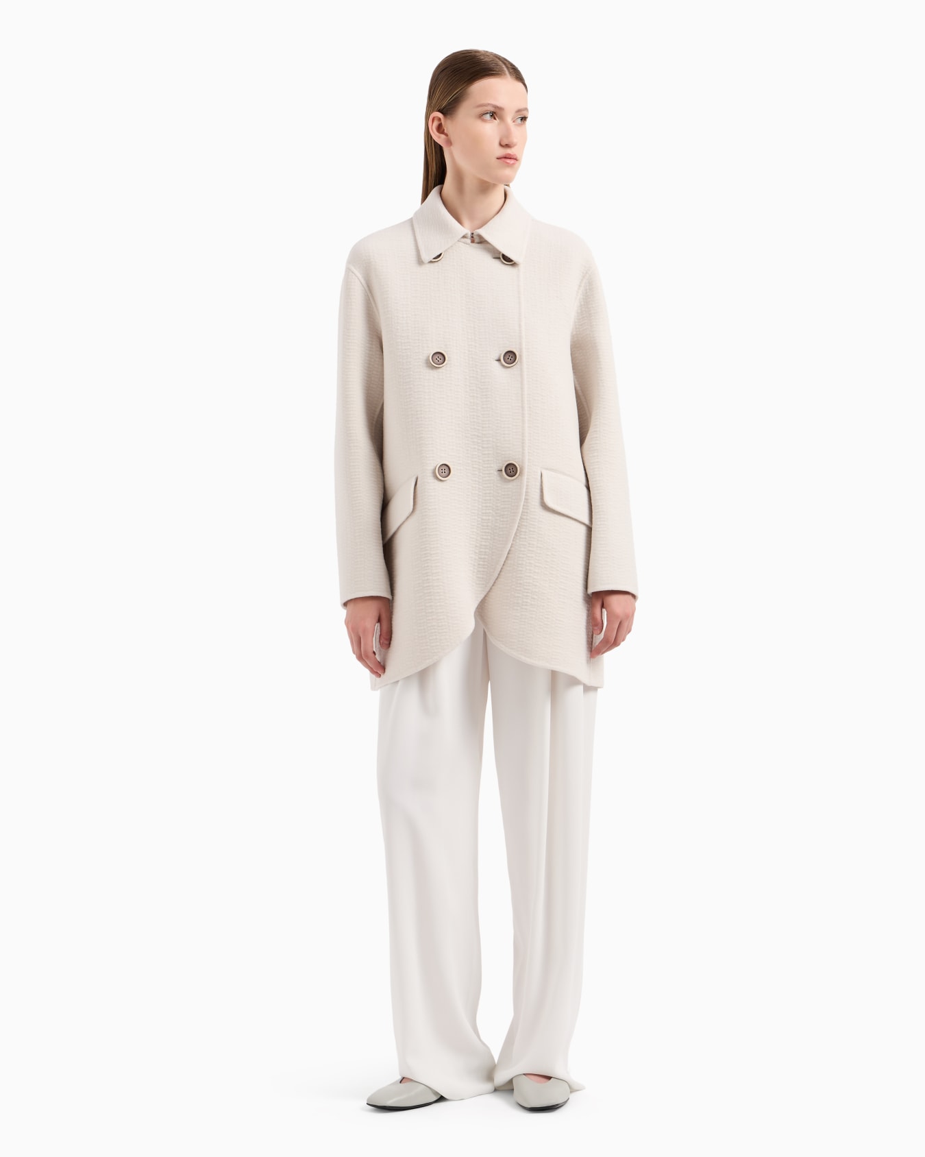 Double-breasted coat with tulip hem in a virgin wool blend with a textured finish Slide 1