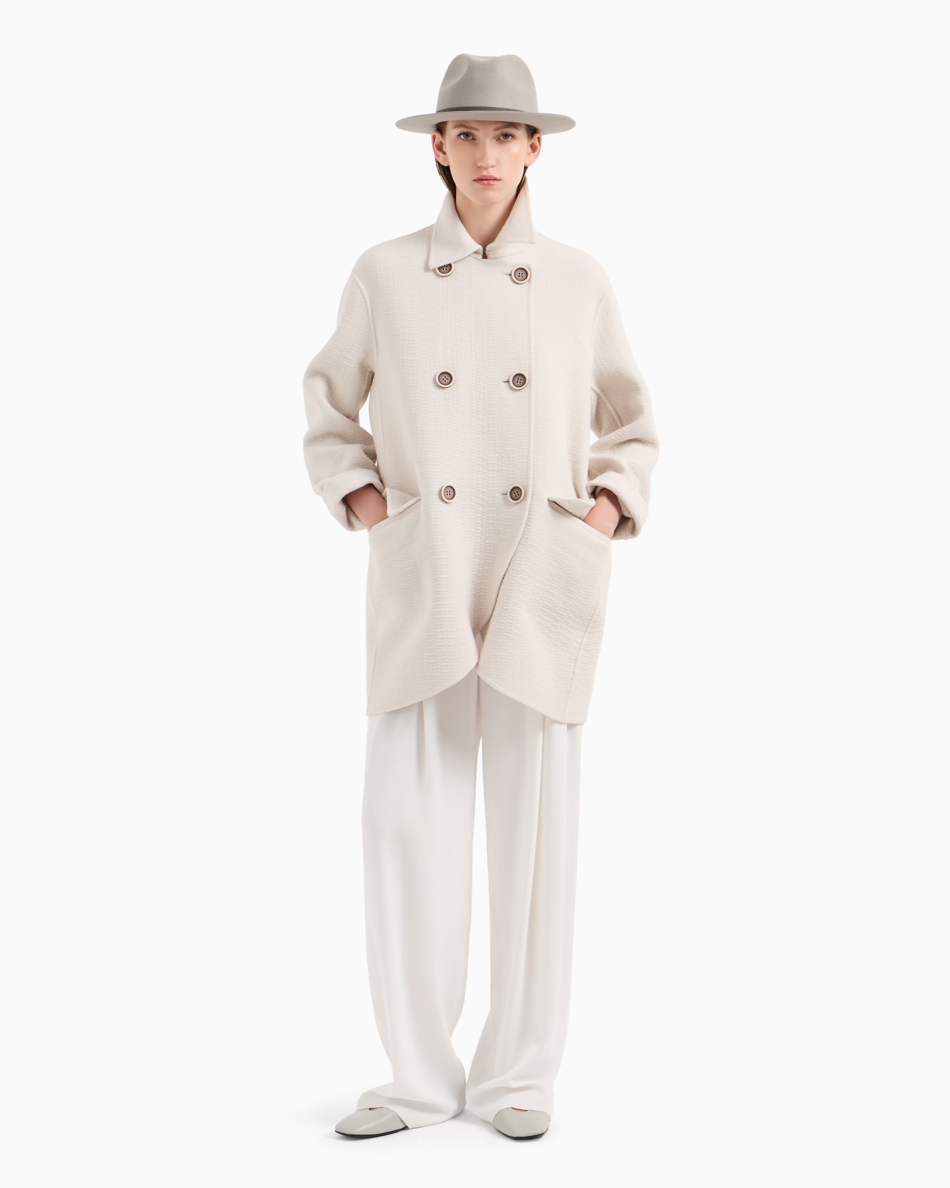 Double-breasted coat with tulip hem in a virgin wool blend with a textured finish Slide 3