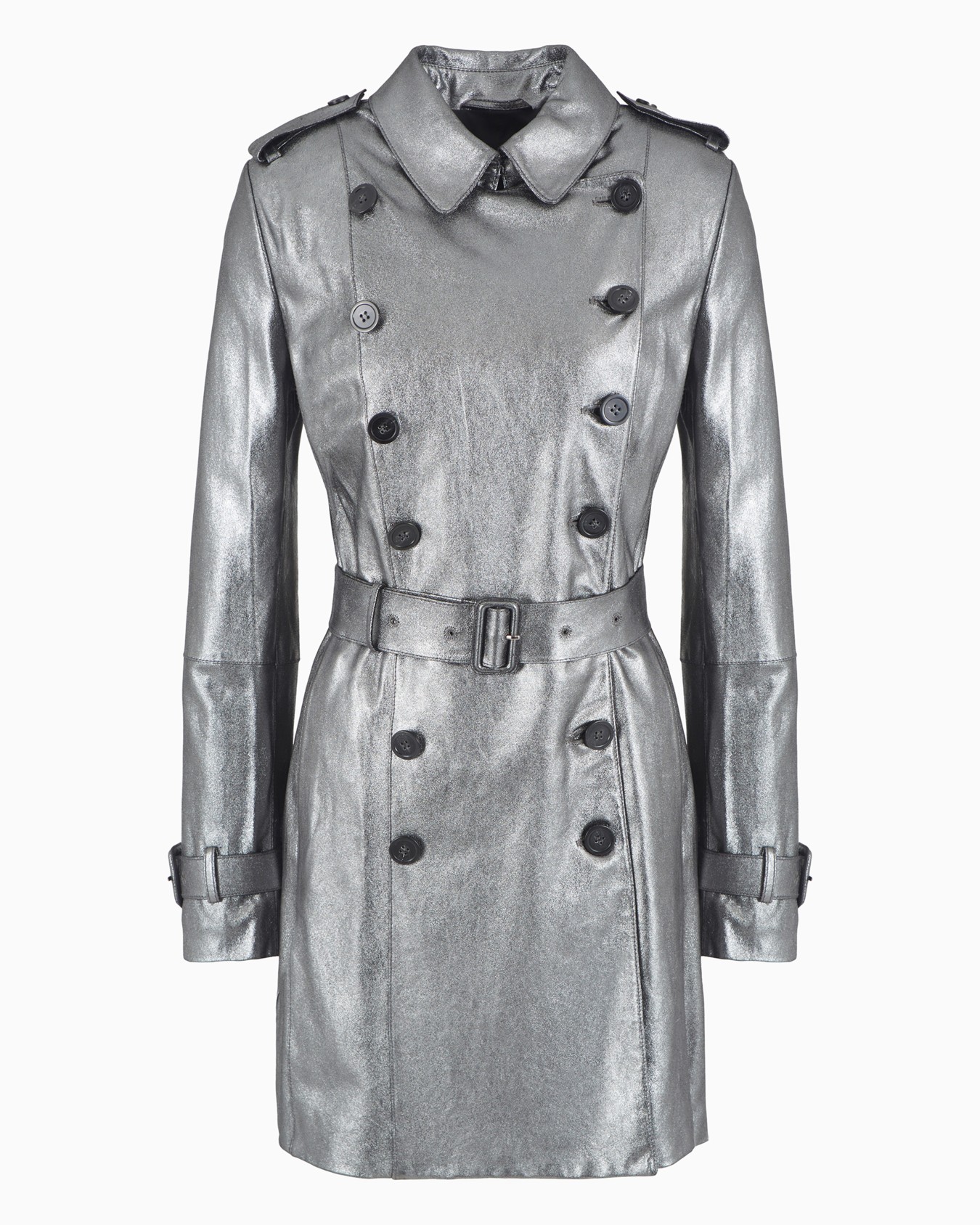 Double-breasted, belted trench coat in metallic goatskin suede Slide 0