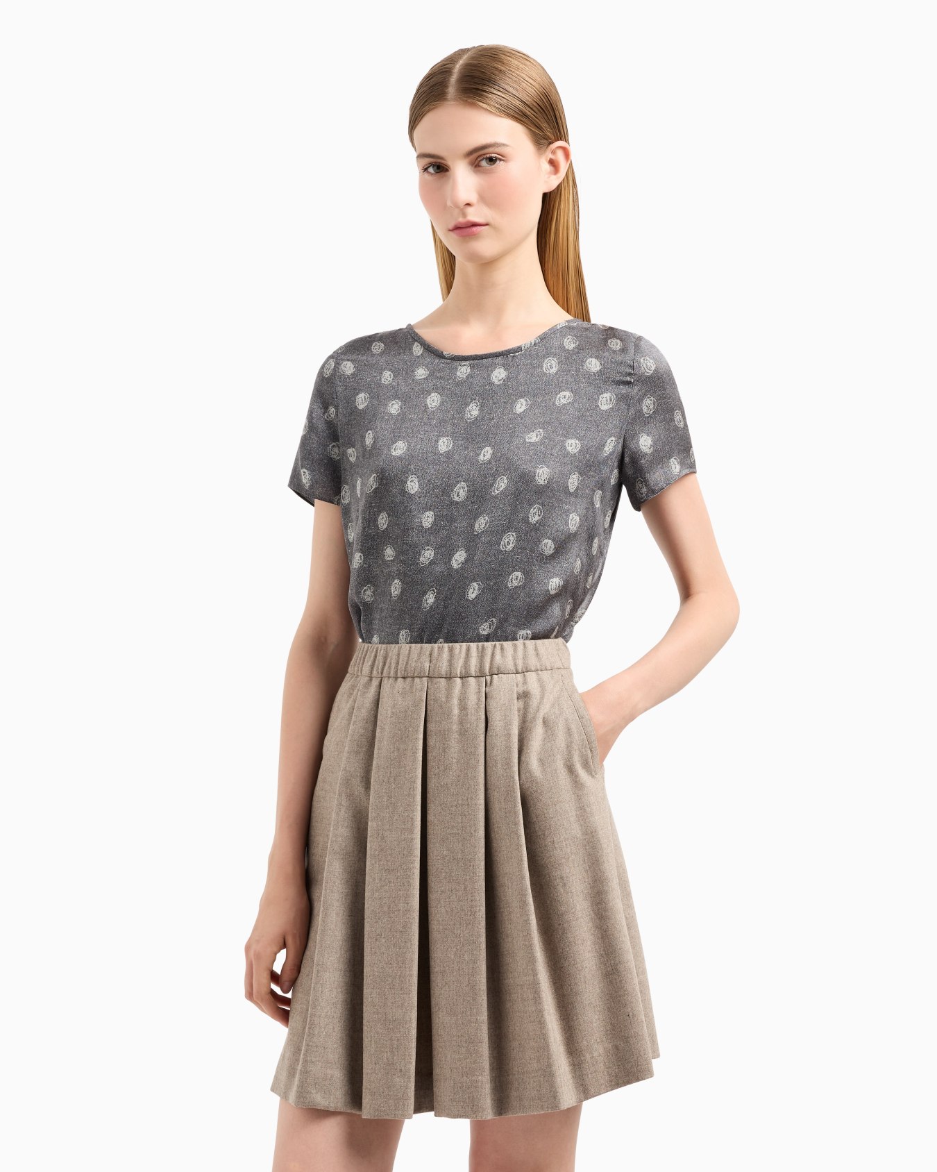 Jupe plissée à taille élastique en flanelle de laine chinée Icon Diapositive 1