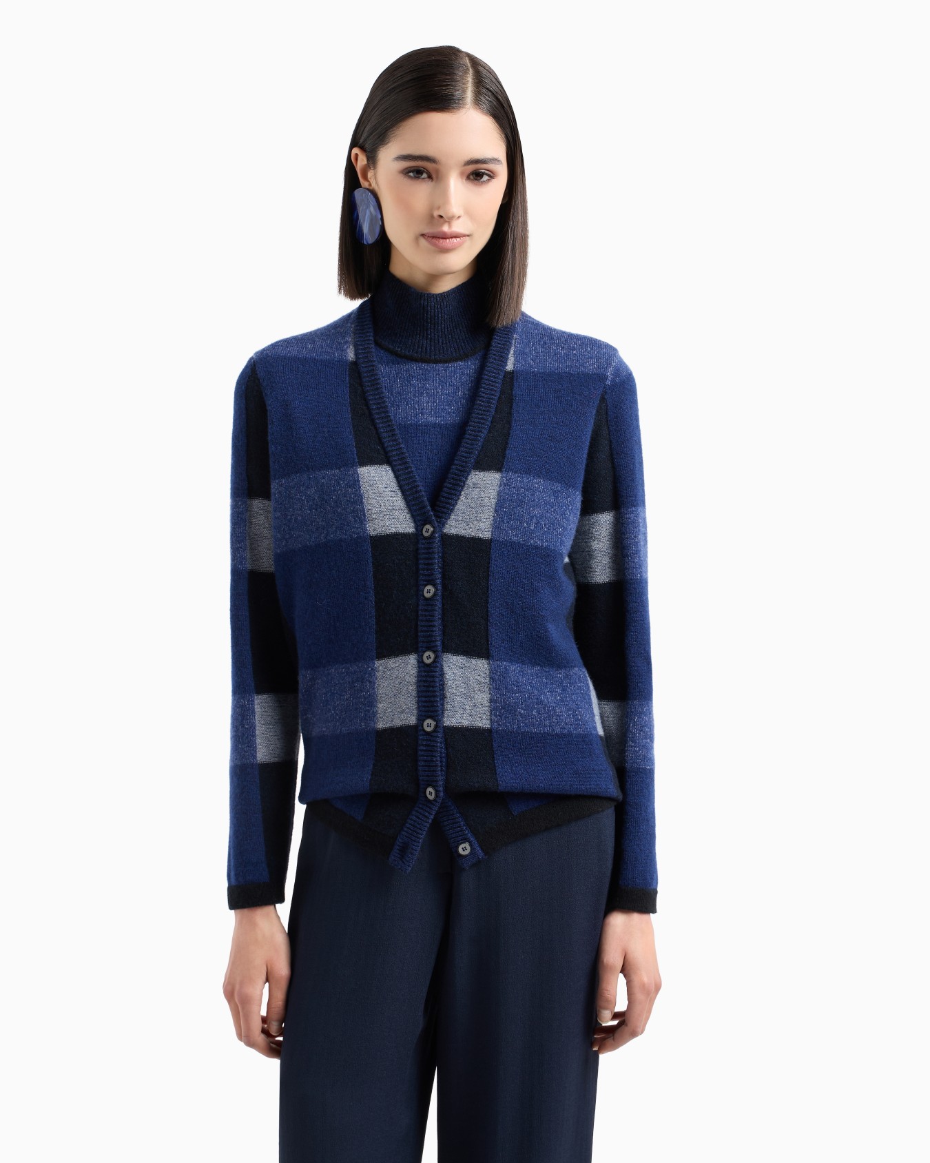 Cardigan à col V en laine vierge avec motif vanisé à carreaux Icon Diapositive 1