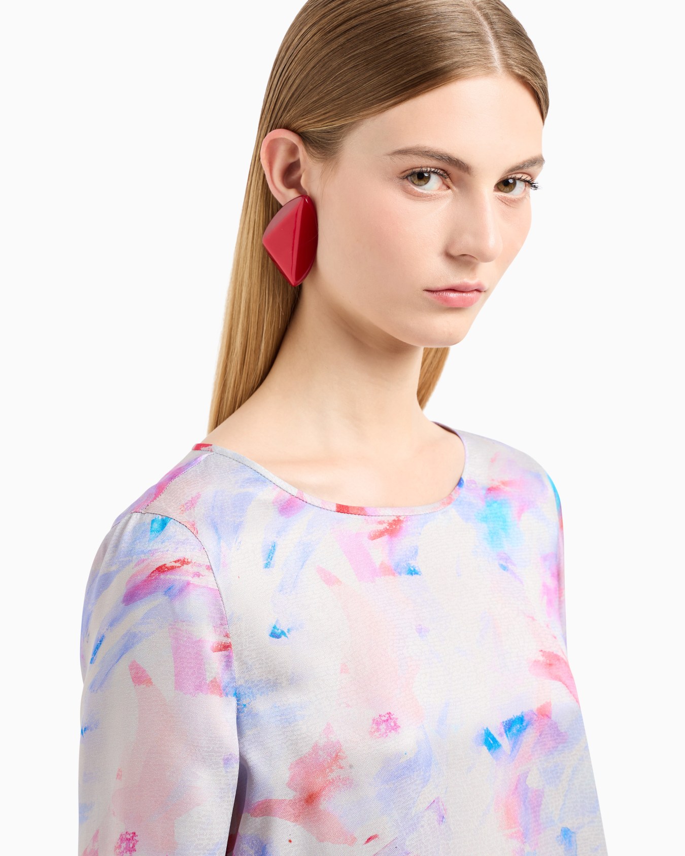 Bluse mit Dreiviertelärmeln aus Satin-Crêpe mit ausgefallenem Aquarell-Effekt-Print Folie 4