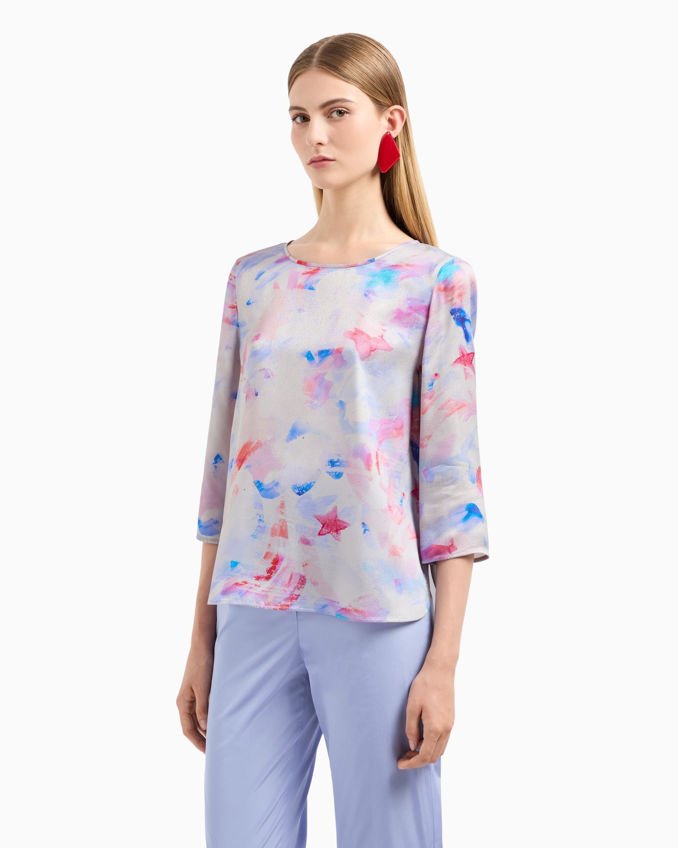 Bluse mit Dreiviertelärmeln aus Satin-Crêpe mit ausgefallenem Aquarell-Effekt-Print Folie 1