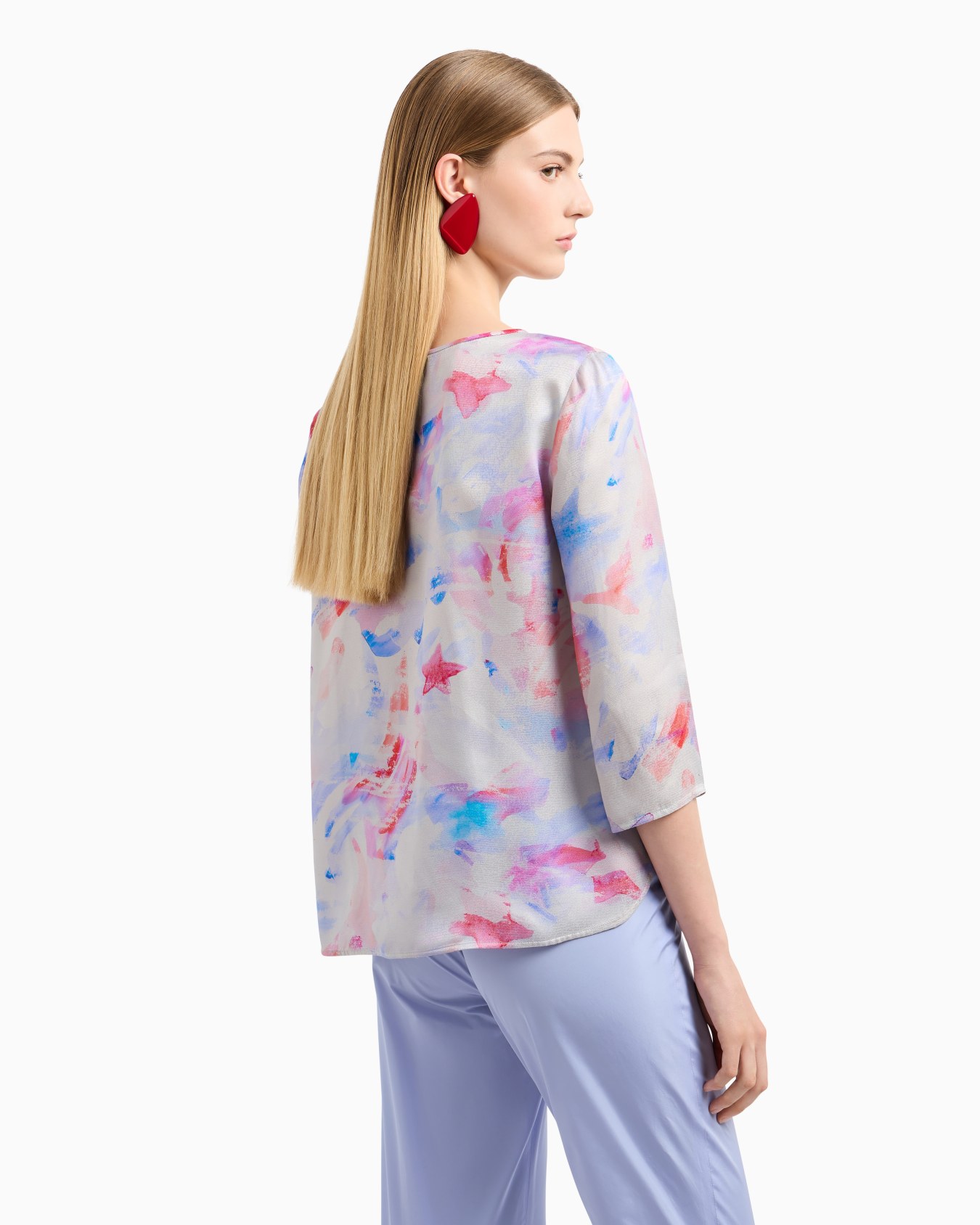 Bluse mit Dreiviertelärmeln aus Satin-Crêpe mit ausgefallenem Aquarell-Effekt-Print Folie 2