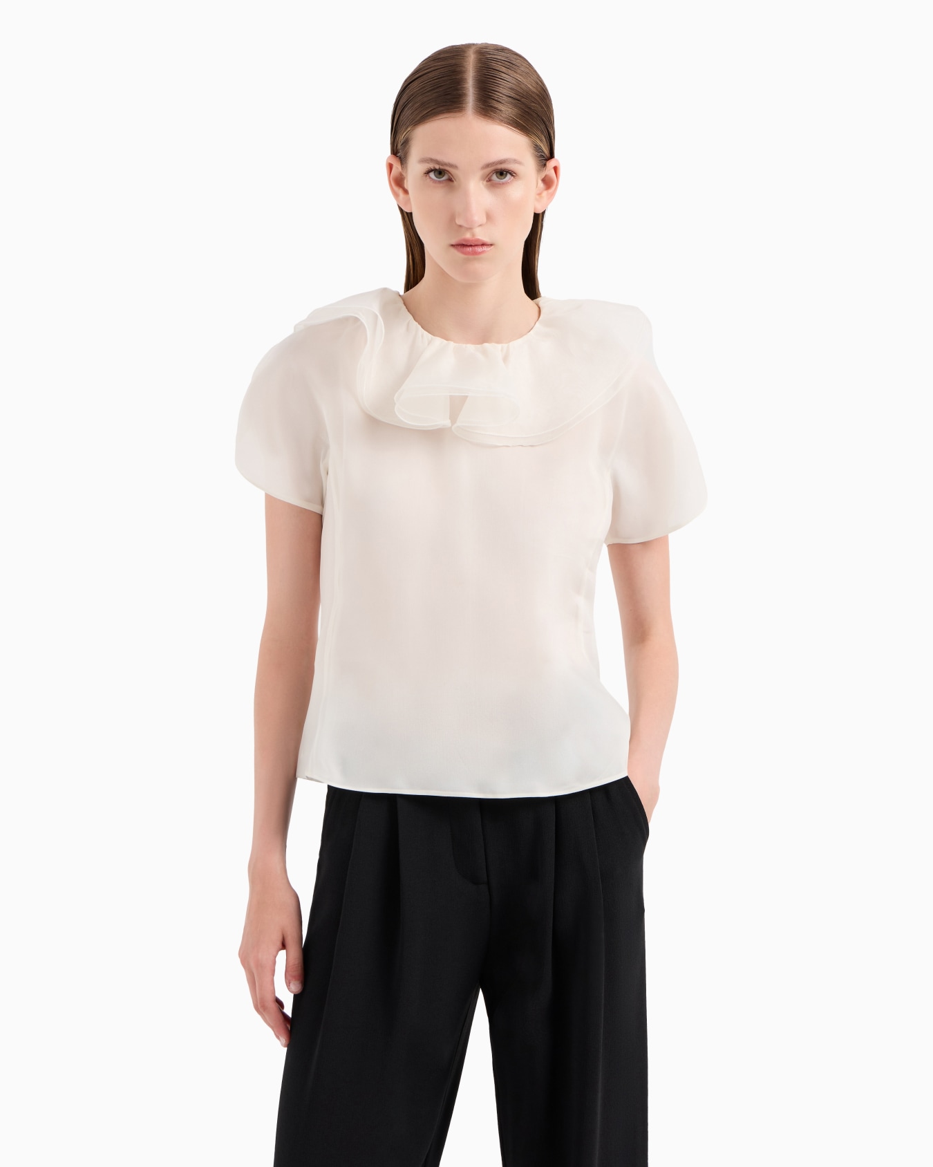 Bluse der Moon-Sonderkollektion mit Kelchkragen und Rüschen aus Seidenorganza Folie 1