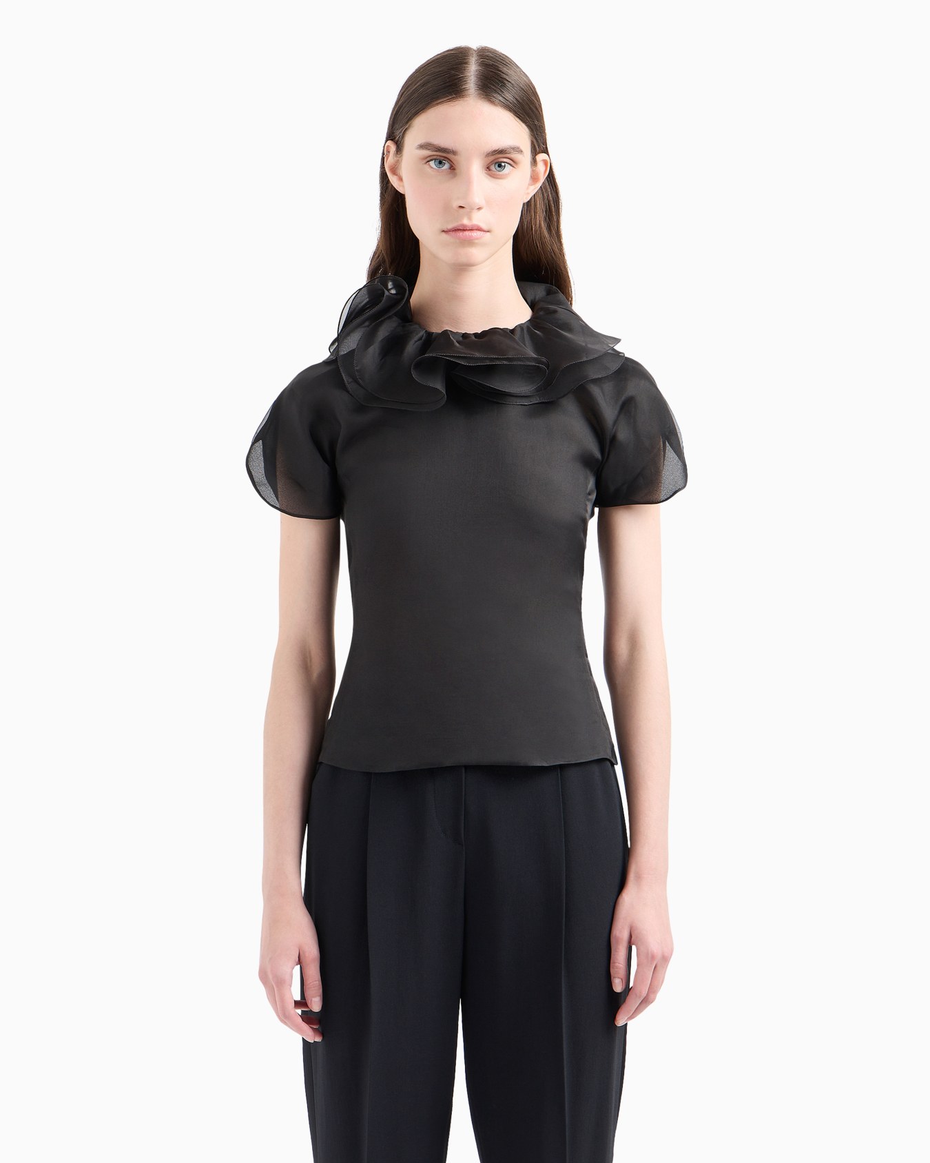 Bluse der Moon-Sonderkollektion mit Kelchkragen und Rüschen aus Seidenorganza Folie 2